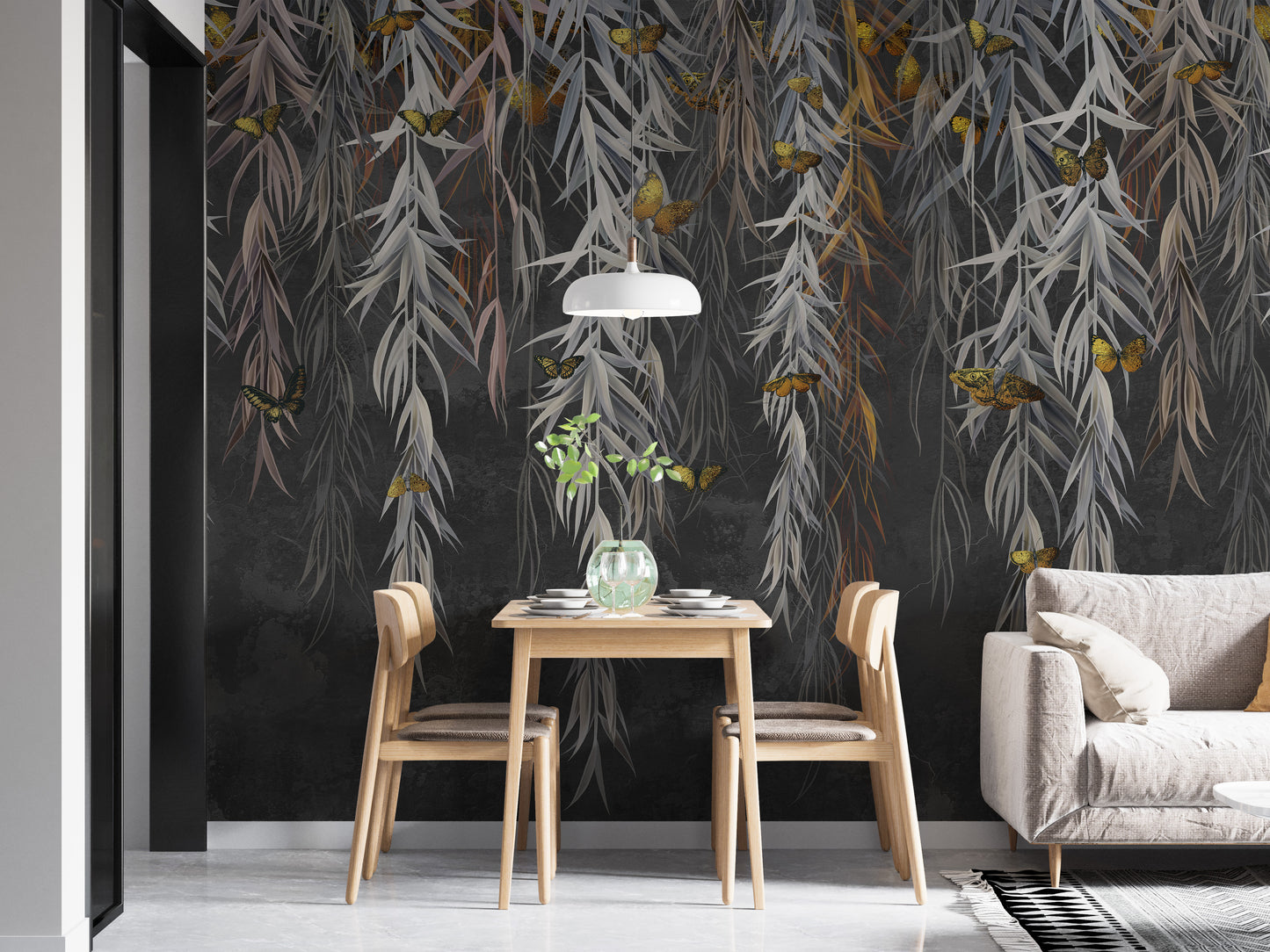 Hanging Willow Leaves and Butterflies Wallpaper Mural