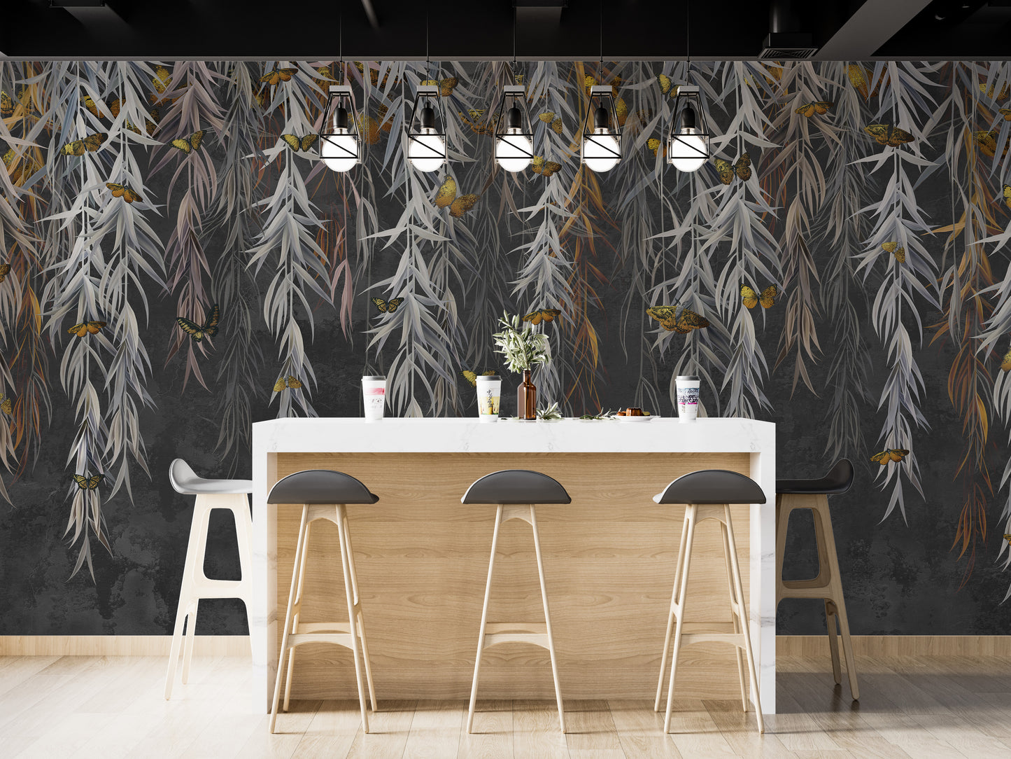 Hanging Willow Leaves and Butterflies Wallpaper Mural