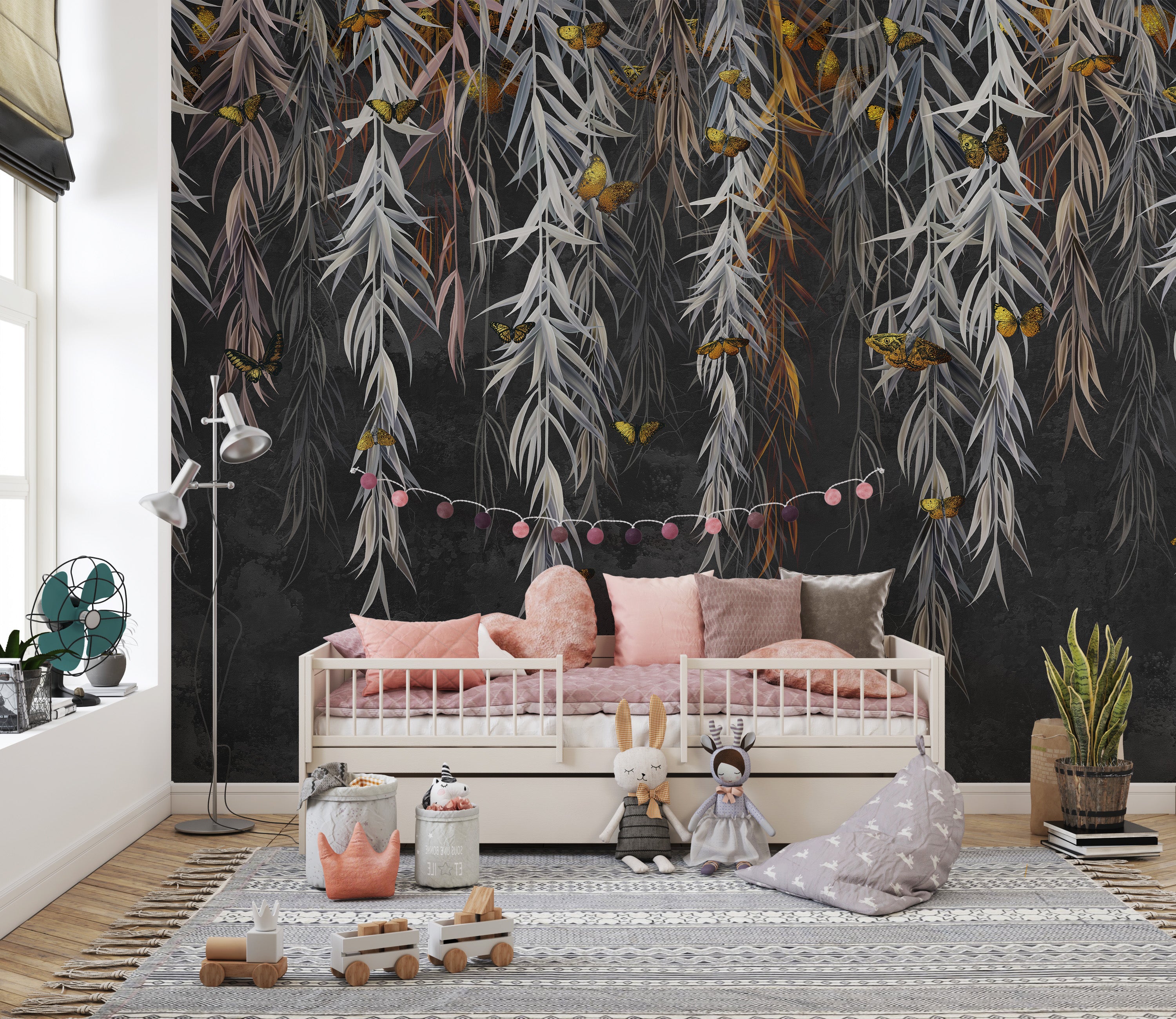 Serene hanging willow leaves and butterflies mural design