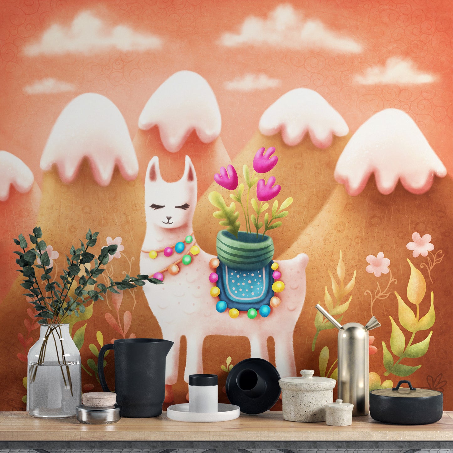 Wander Lama Dusty Mountains Wallpaper Mural