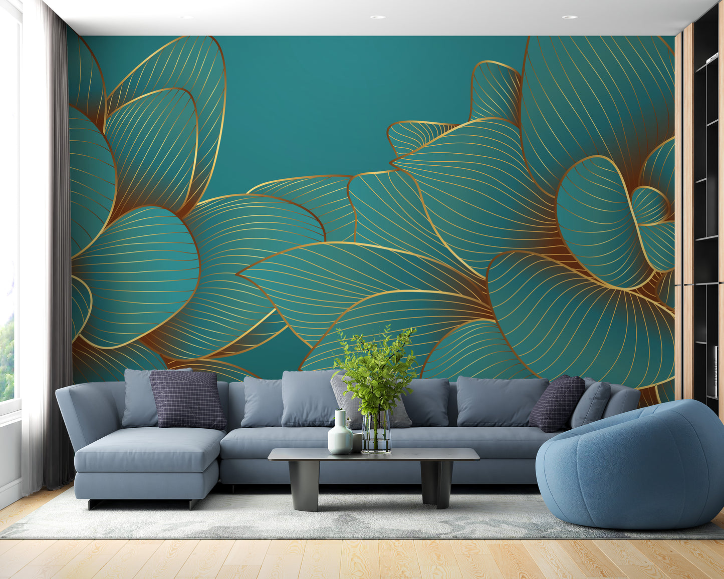 Gold Emerald Lotus Floral Wallpaper Mural