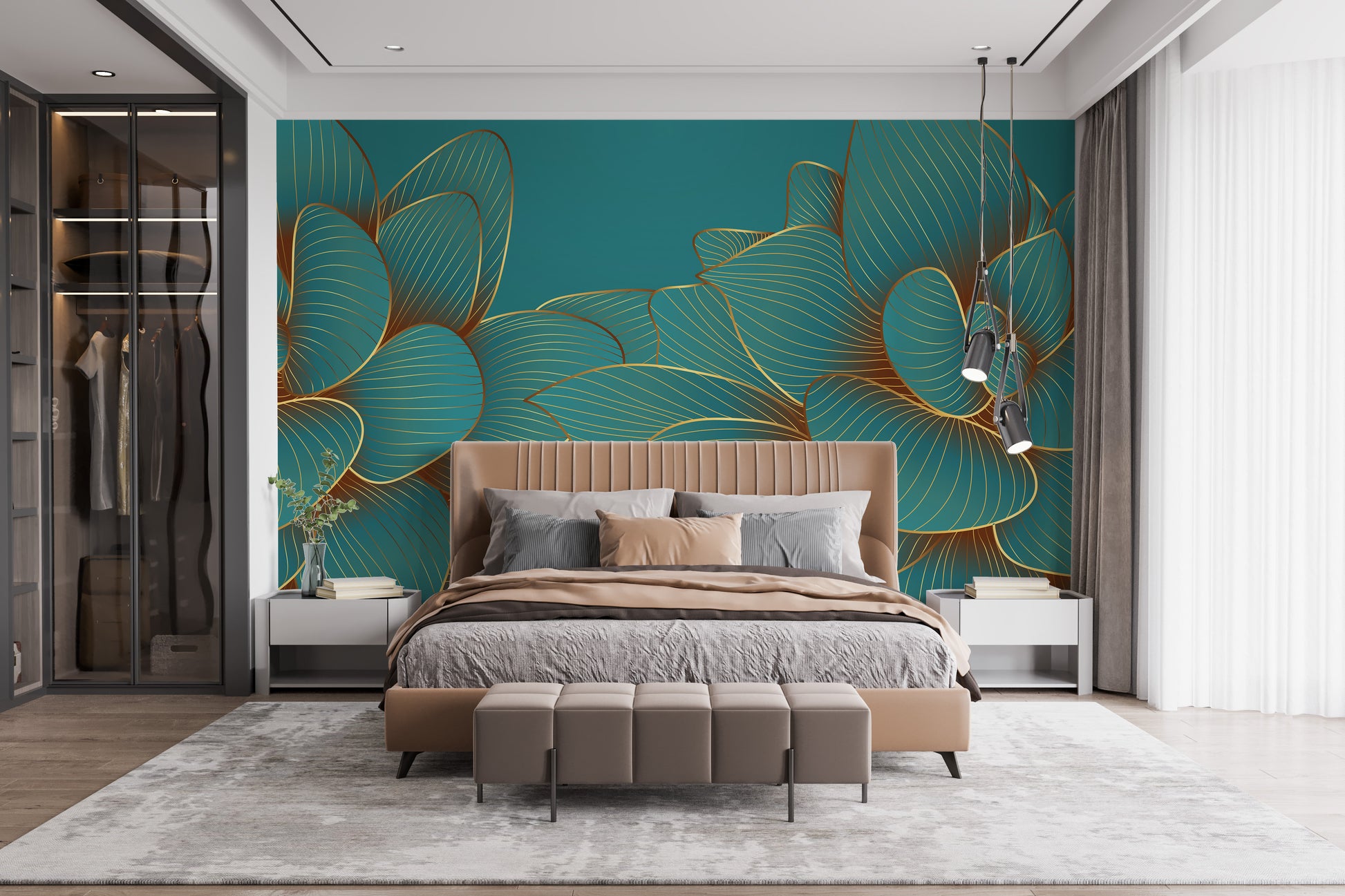 Gold and emerald lotus floral wall mural
