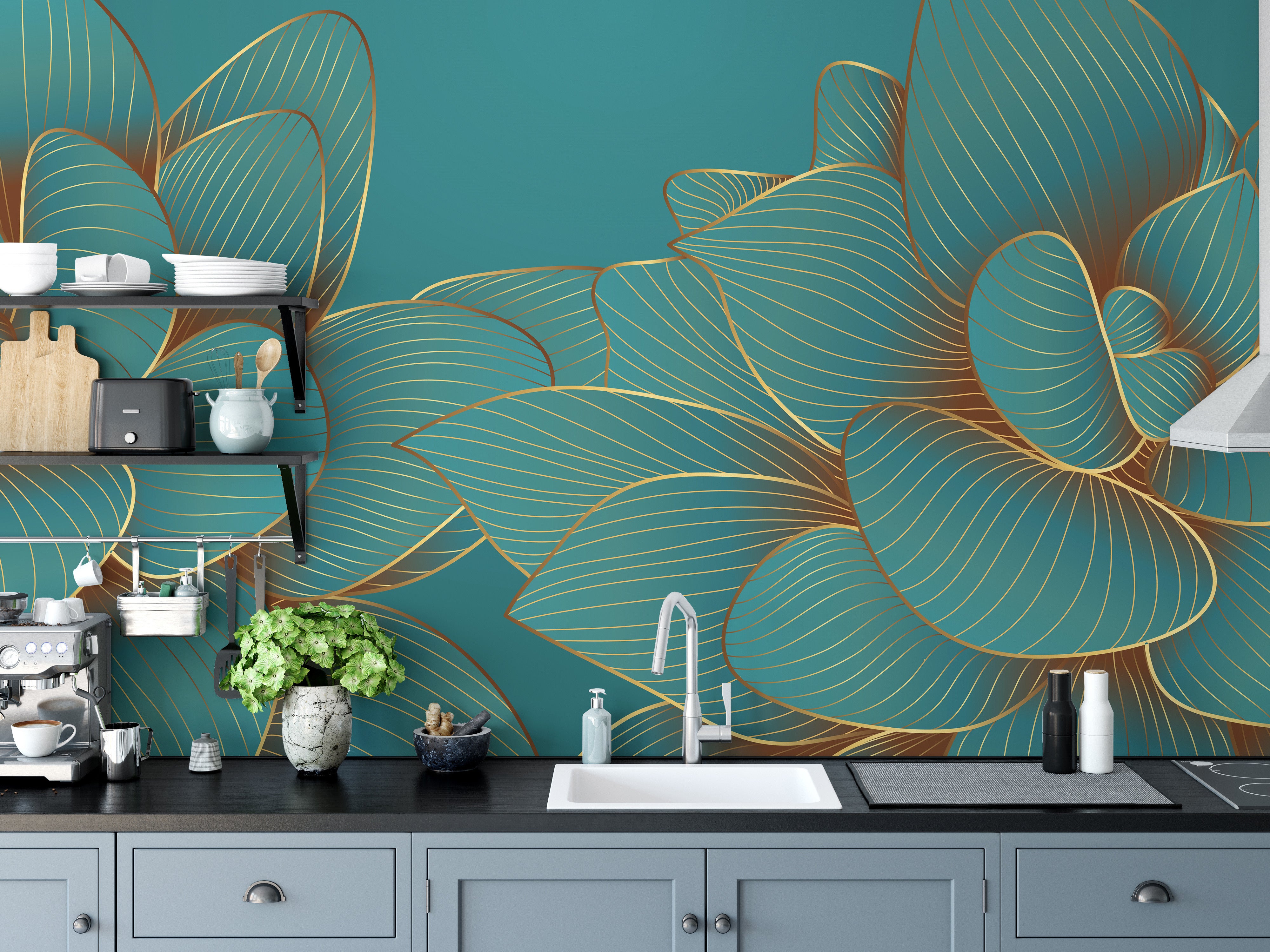 Stylish emerald lotus mural with golden charm
