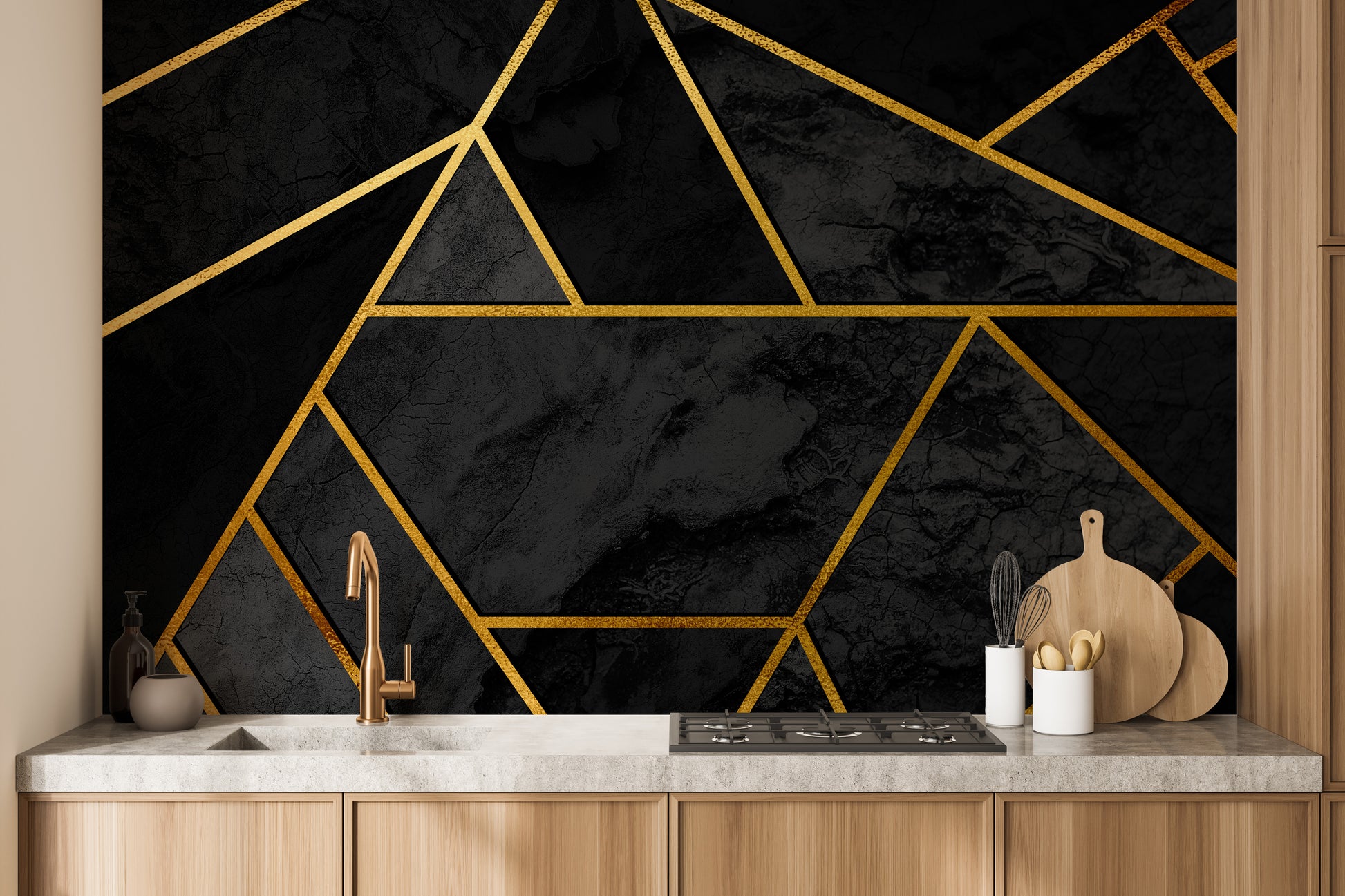 3D geometric wall mural with gold accents
