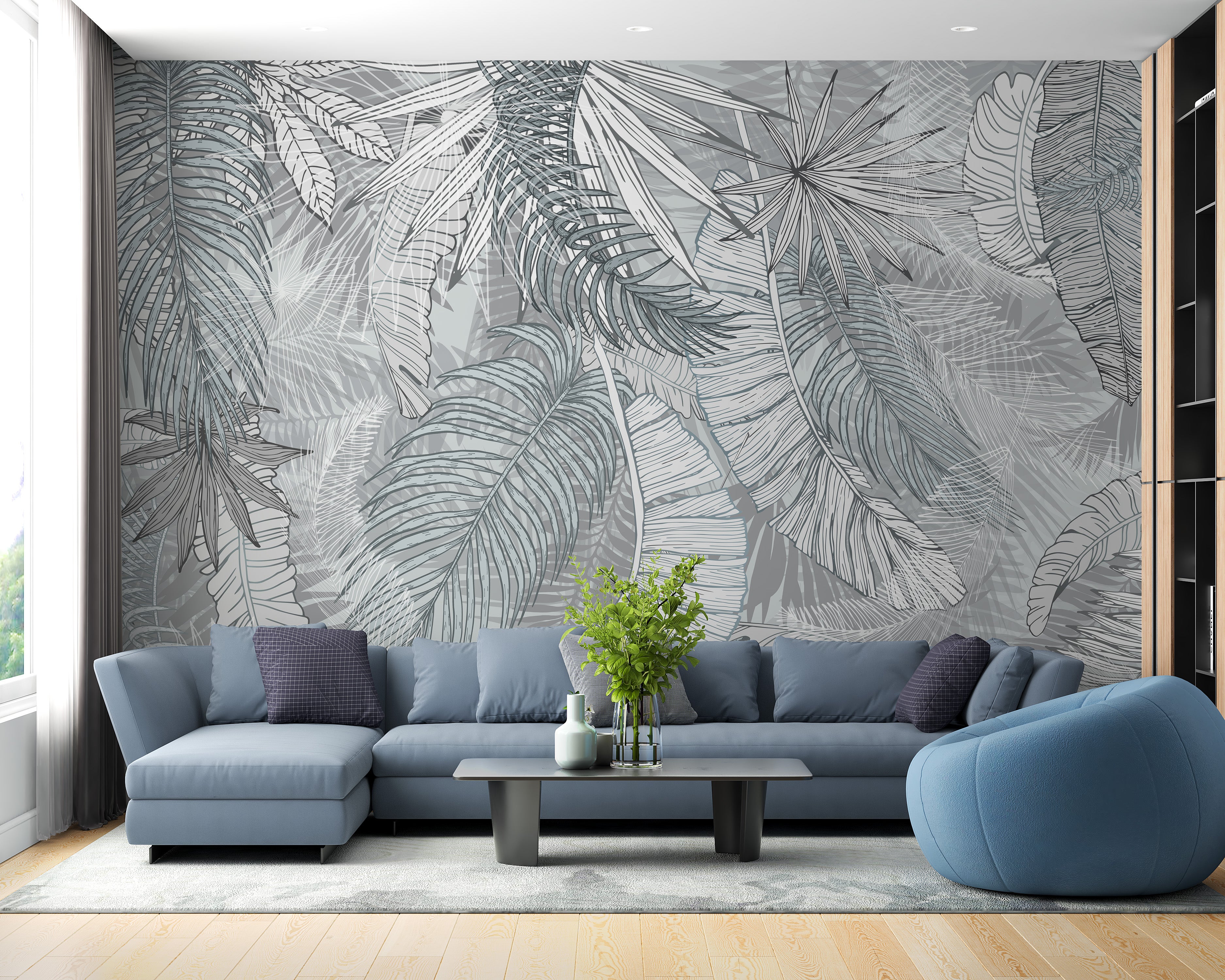 Elegant grey and white illustrated leaf mural
