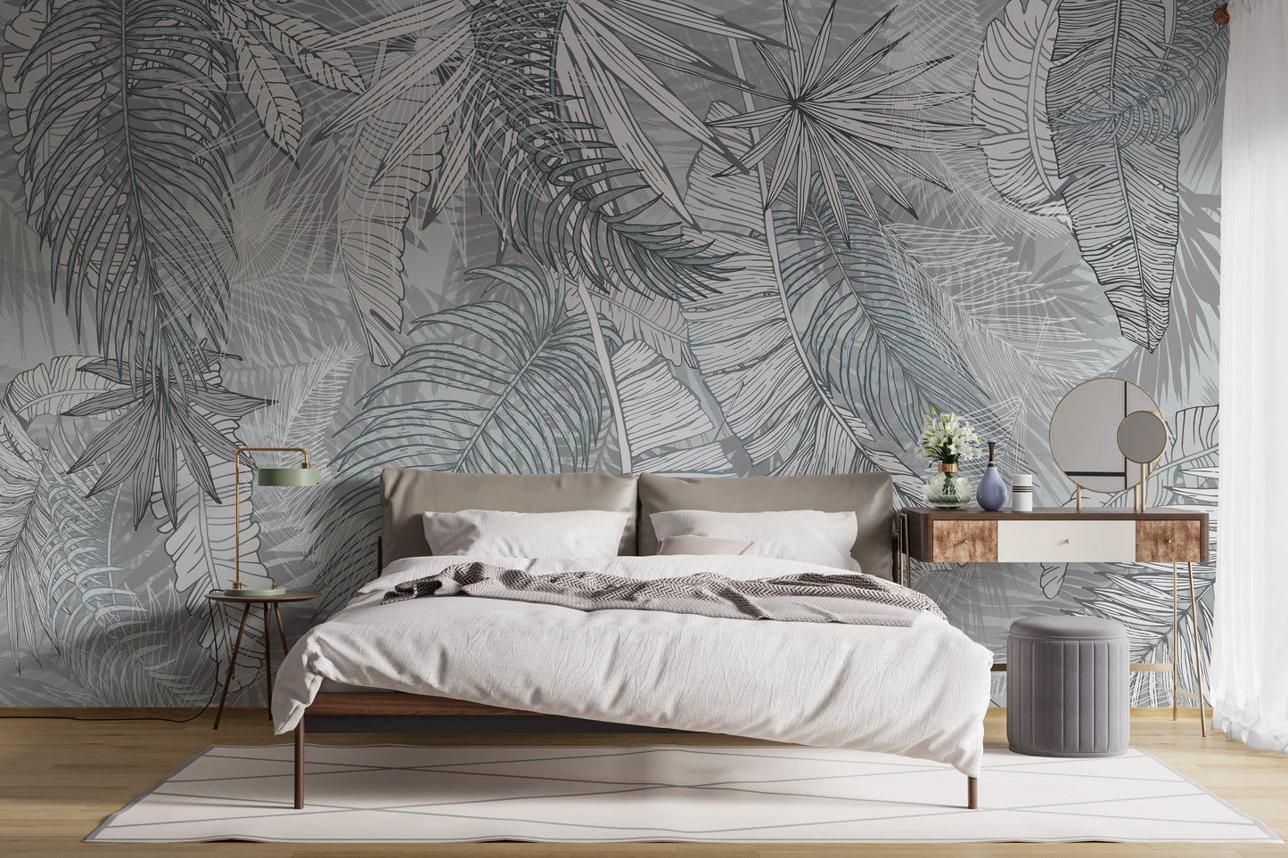 Grey & White Charcoal Leafy Illustrated Wallpaper Murals