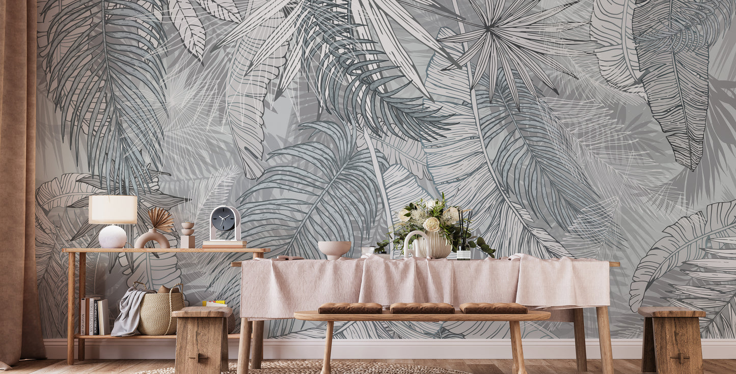 Grey & White Charcoal Leafy Illustrated Wallpaper Murals