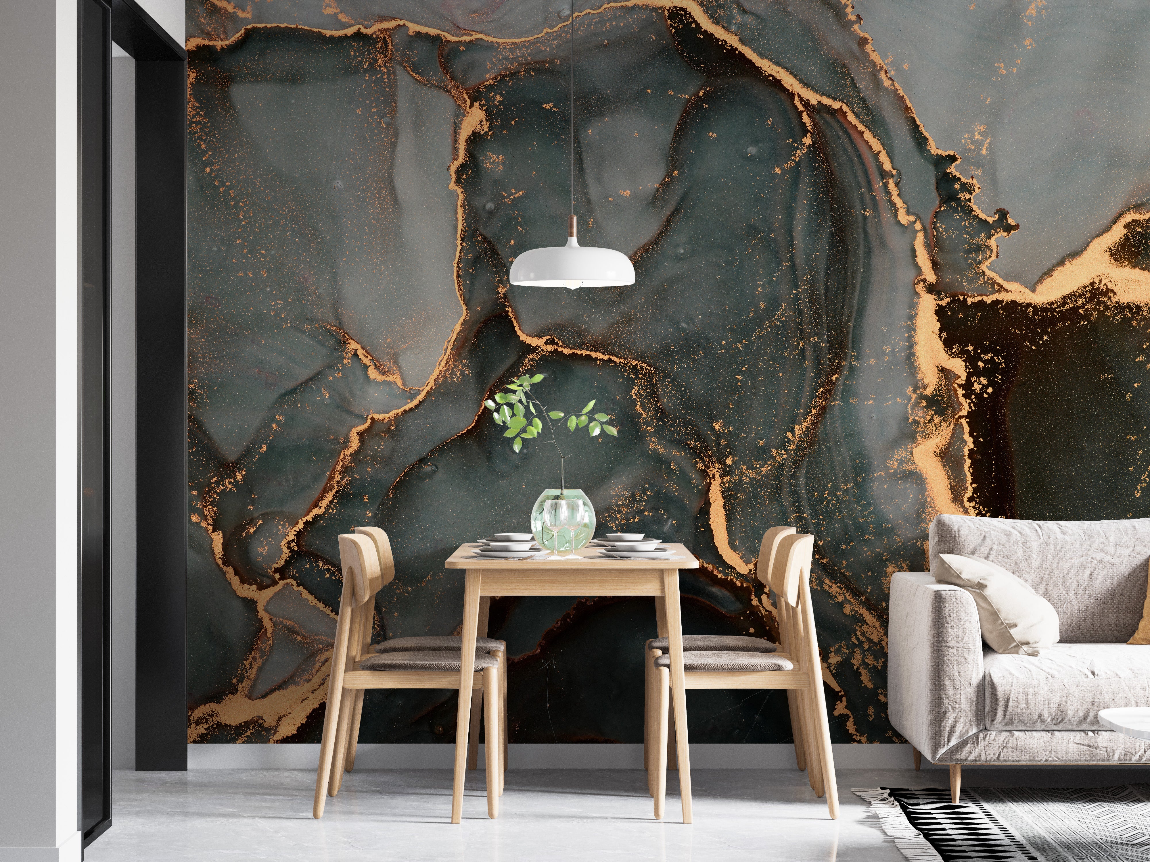 Bold modern marble mural with gold accents
