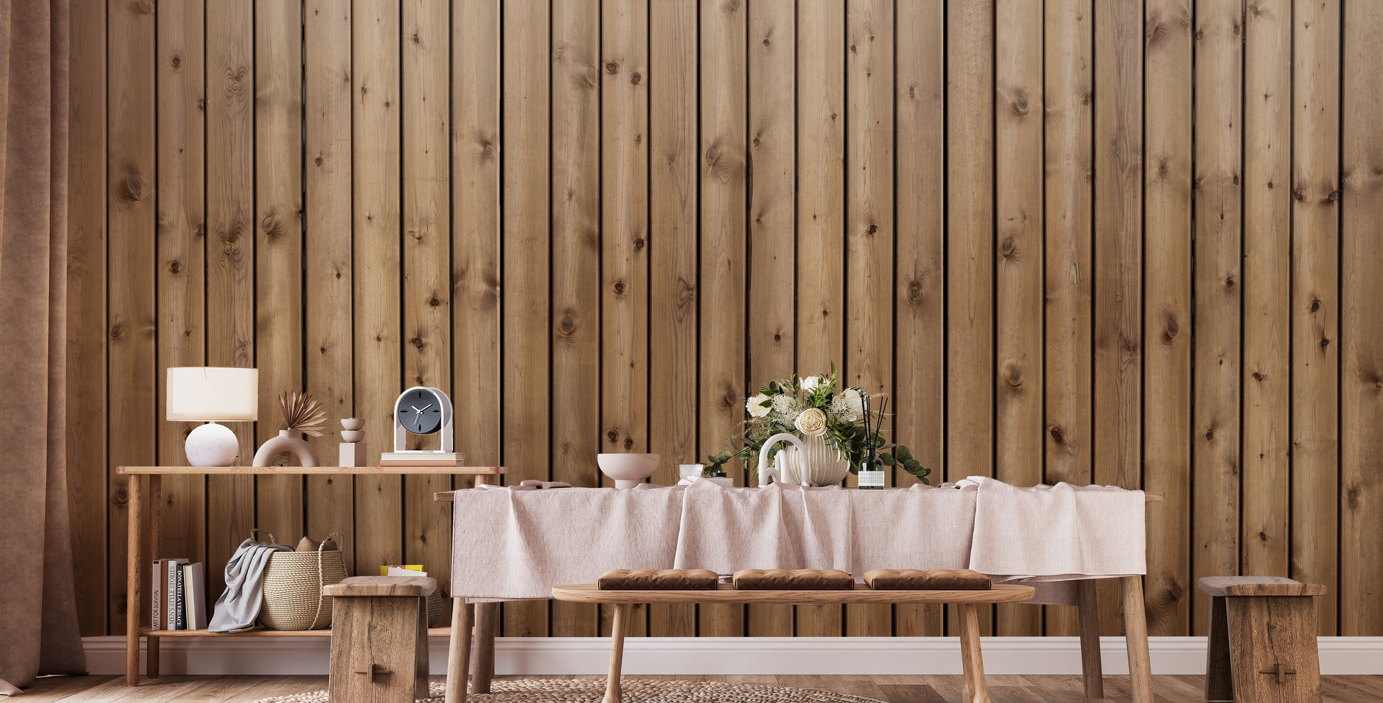 Minimalist wooden wallpaper in brown stripes
