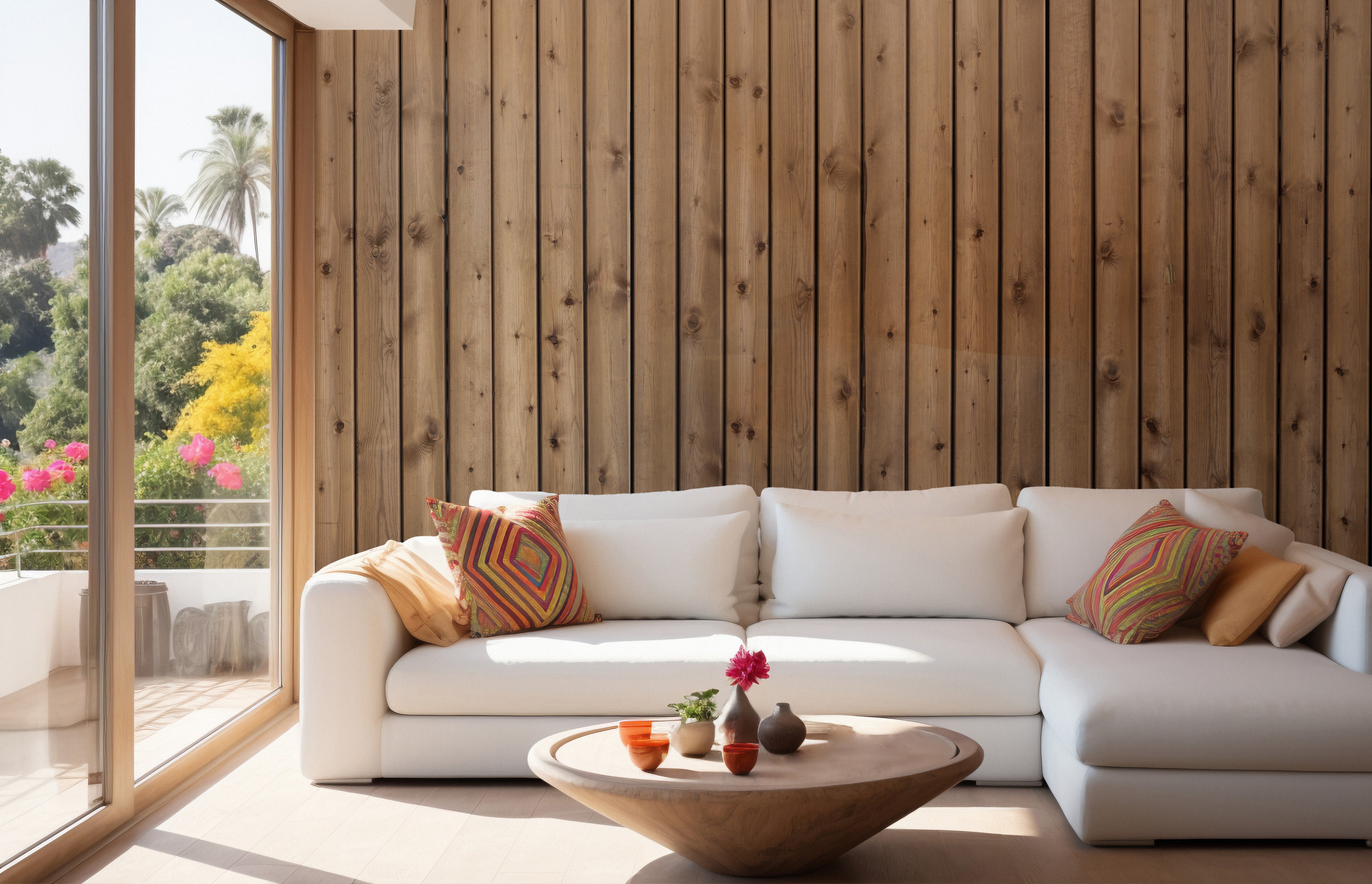 Natural wood stripe mural with warm tones
