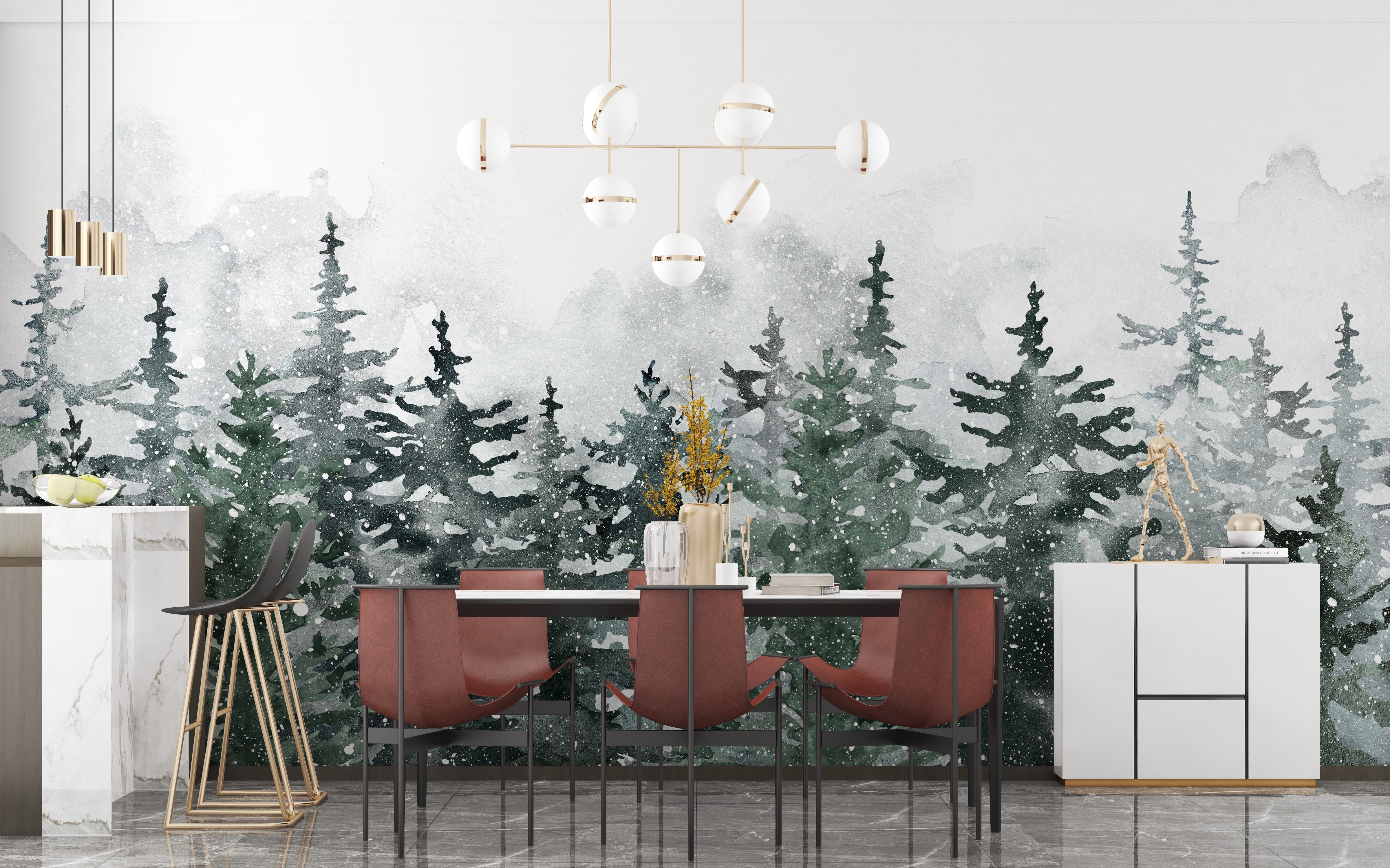 Elegant winter pine forest wall decor
