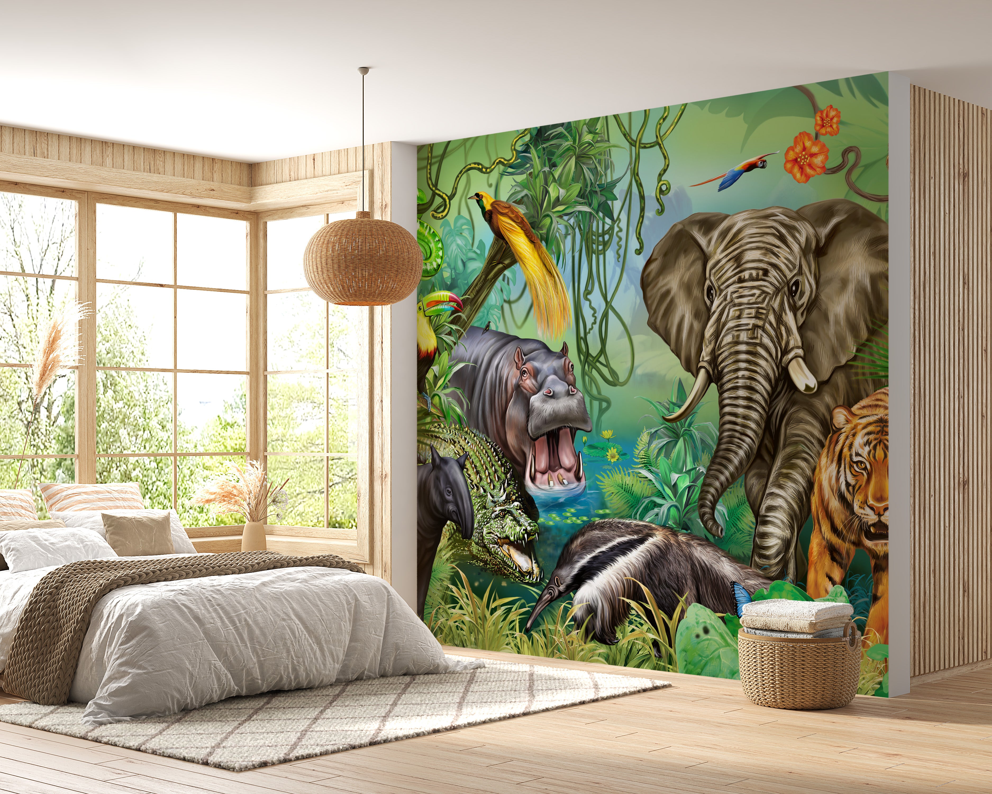 Kids’ wallpaper featuring forest animals and trees
