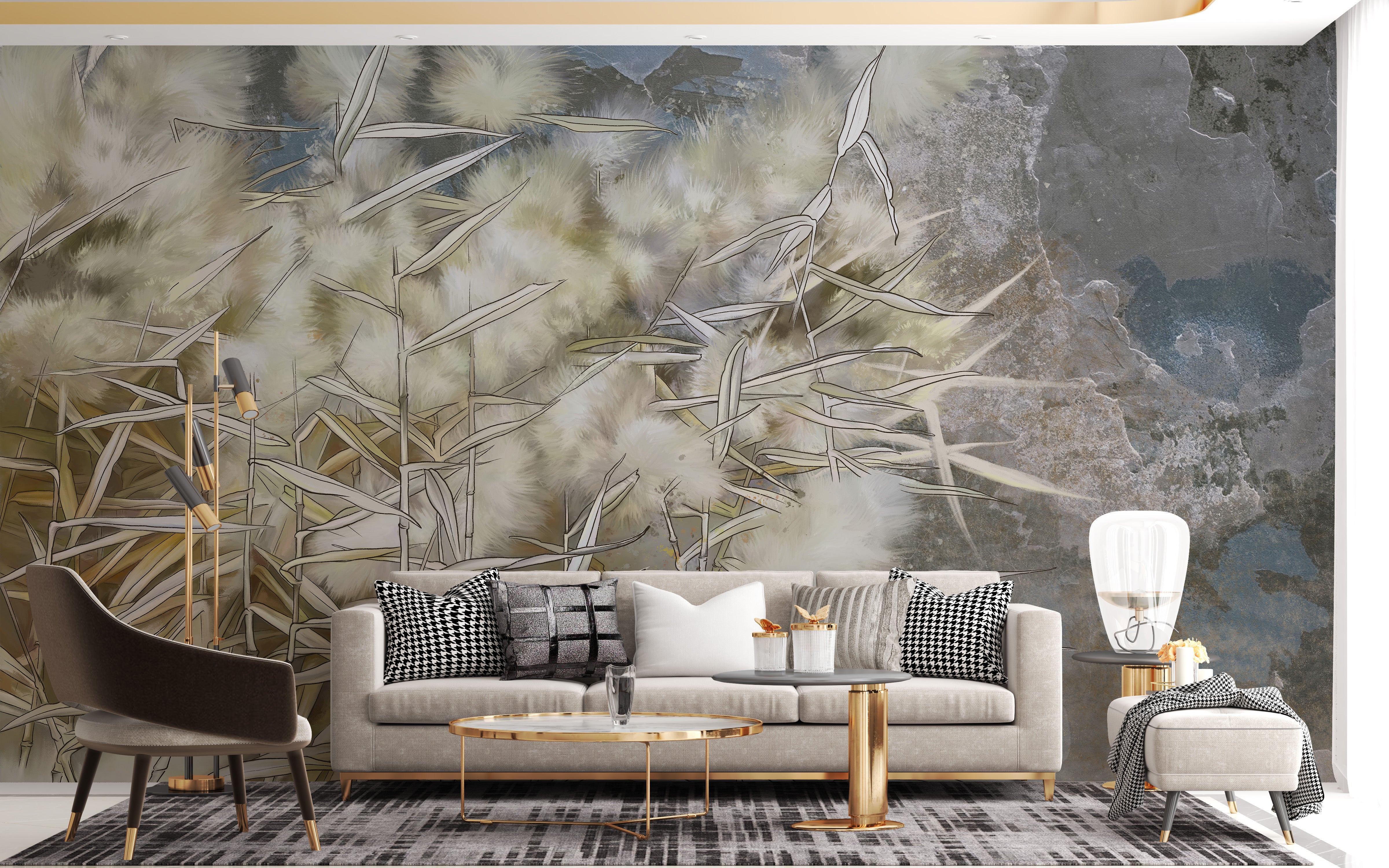 Decorative wallpaper with white reed details
