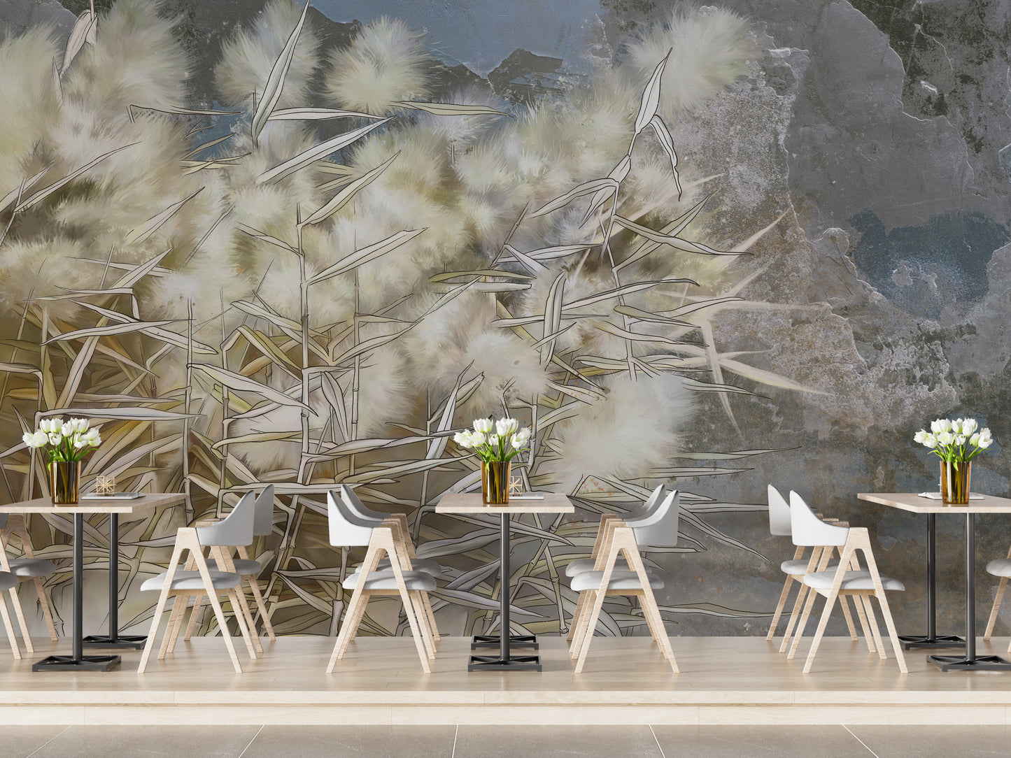 Facinating White Reed Artistic Wallpaper Mural