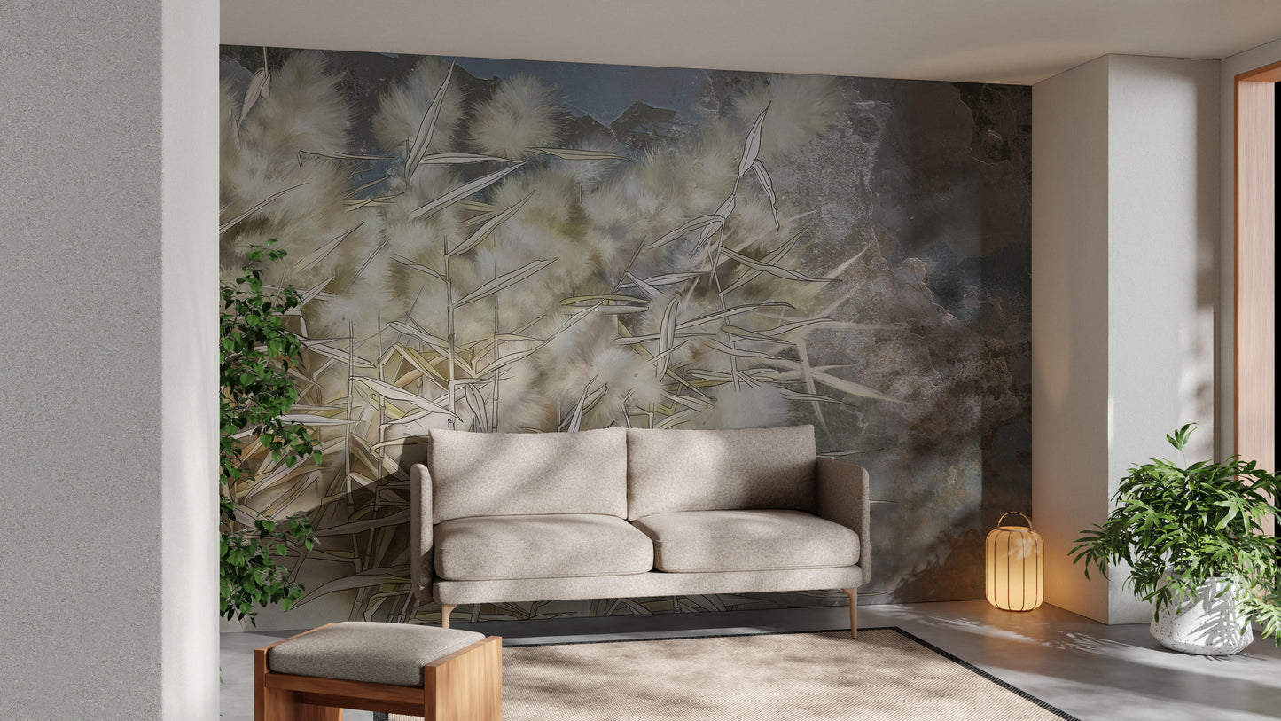 Facinating White Reed Artistic Wallpaper Mural