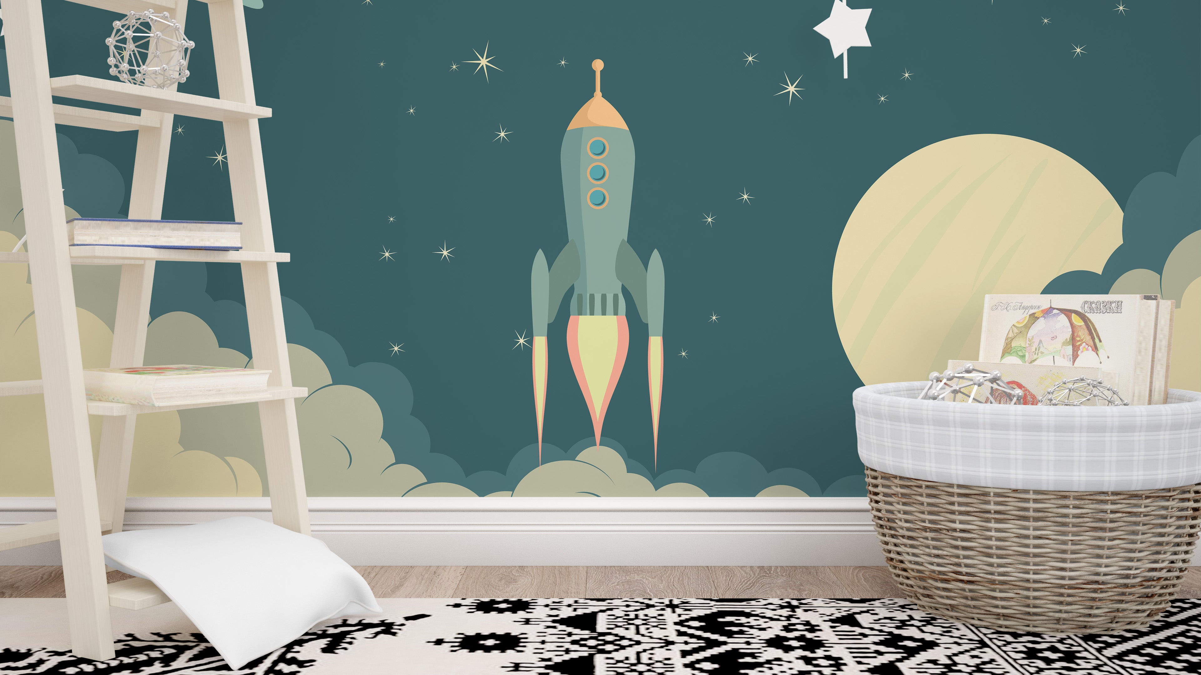 Cartoon rocket mural with vibrant space vibes
