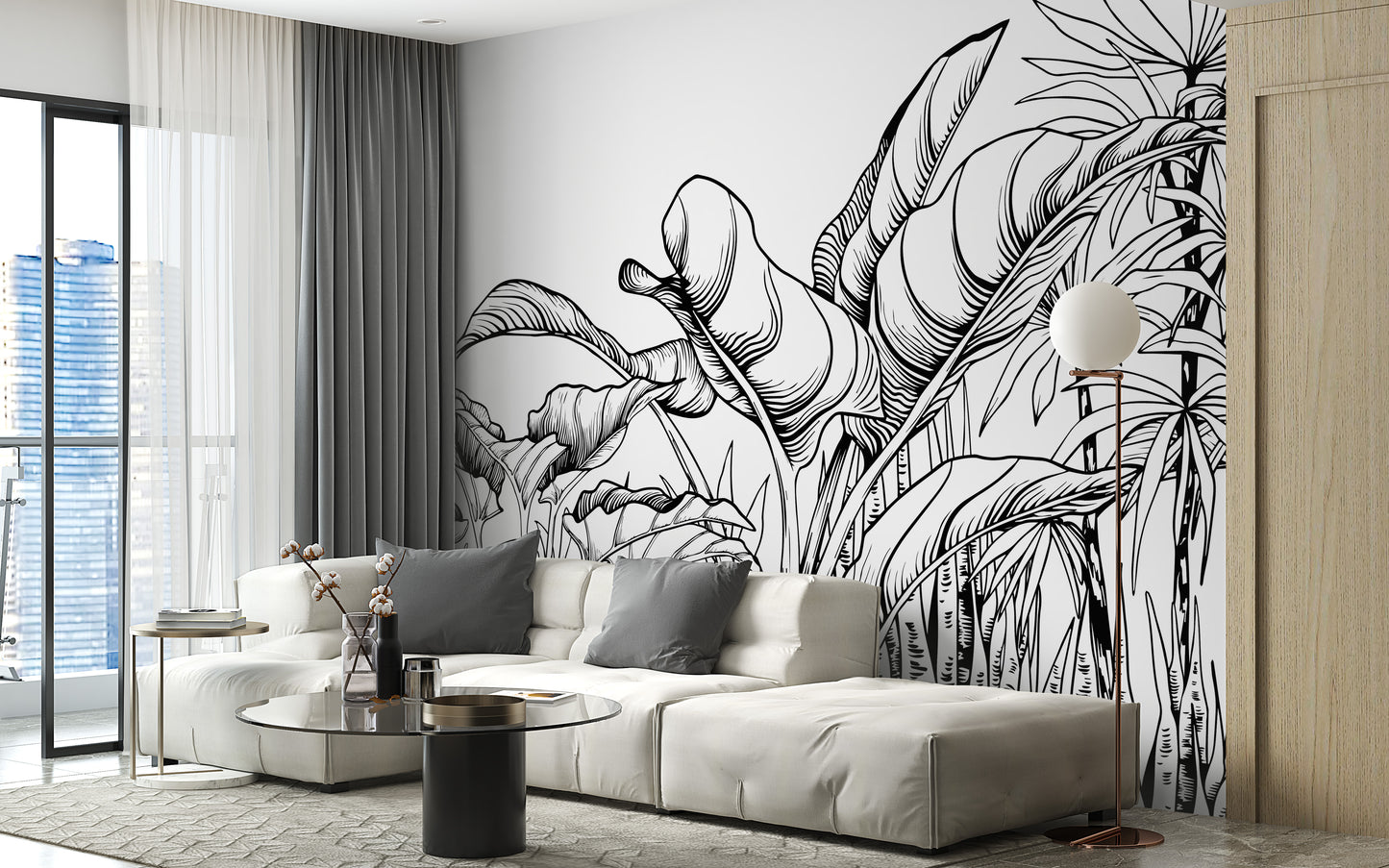 Black & White Big Tropical Leaves Wallpaper Mural