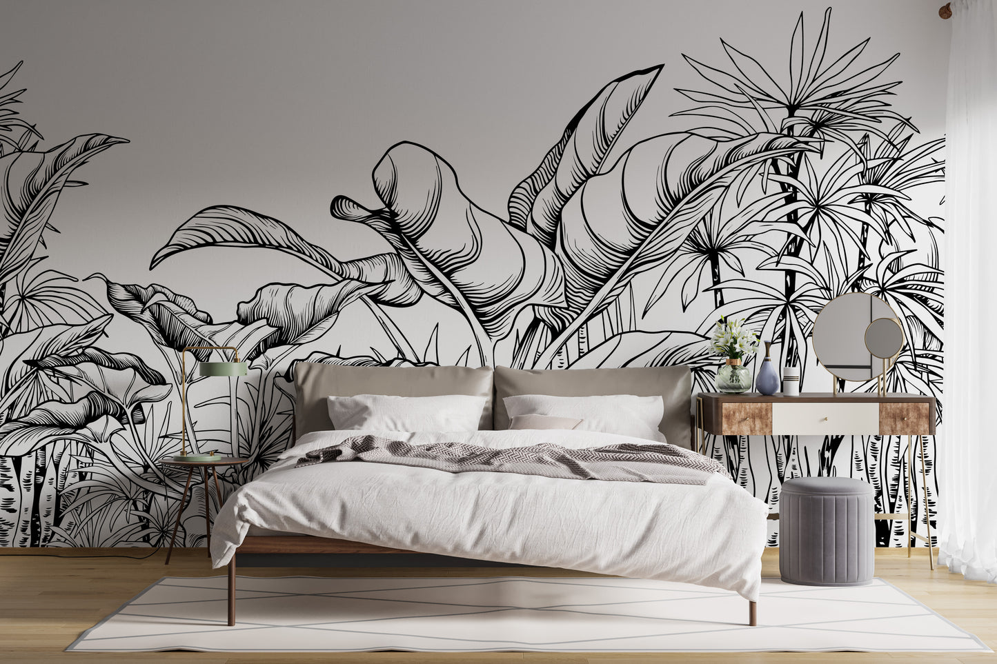 Modern monochrome wallpaper with tropical charm
