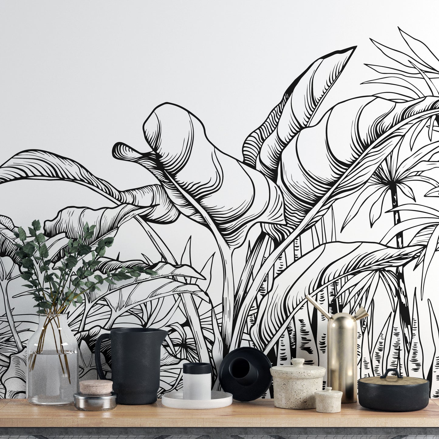 Black & White Big Tropical Leaves Wallpaper Mural