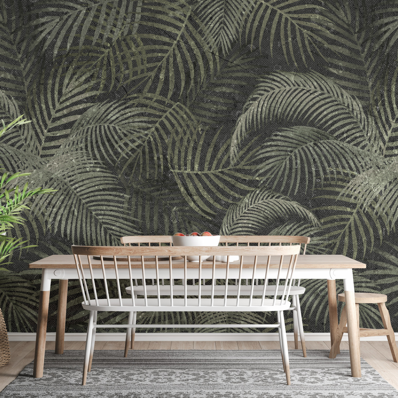 Lush green rustic tropical palms wallpaper mural for decor