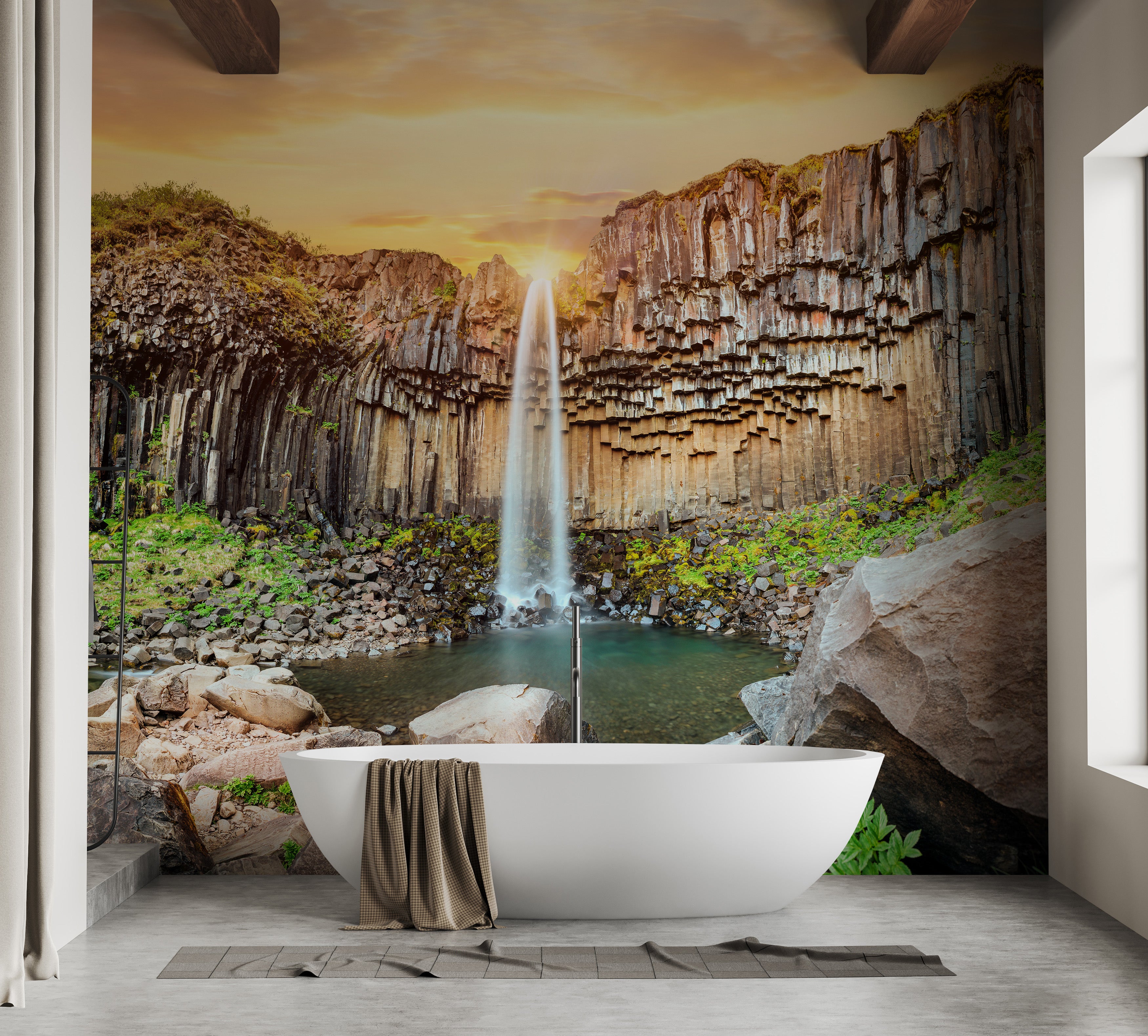 Iceland waterfall wallpaper mural with basalt columns.