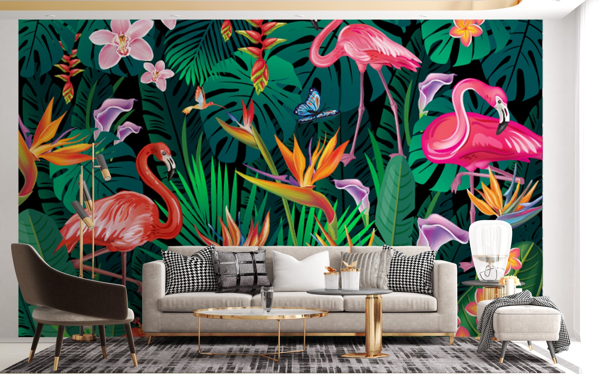 Artistic fancy flamingos mural for home decor