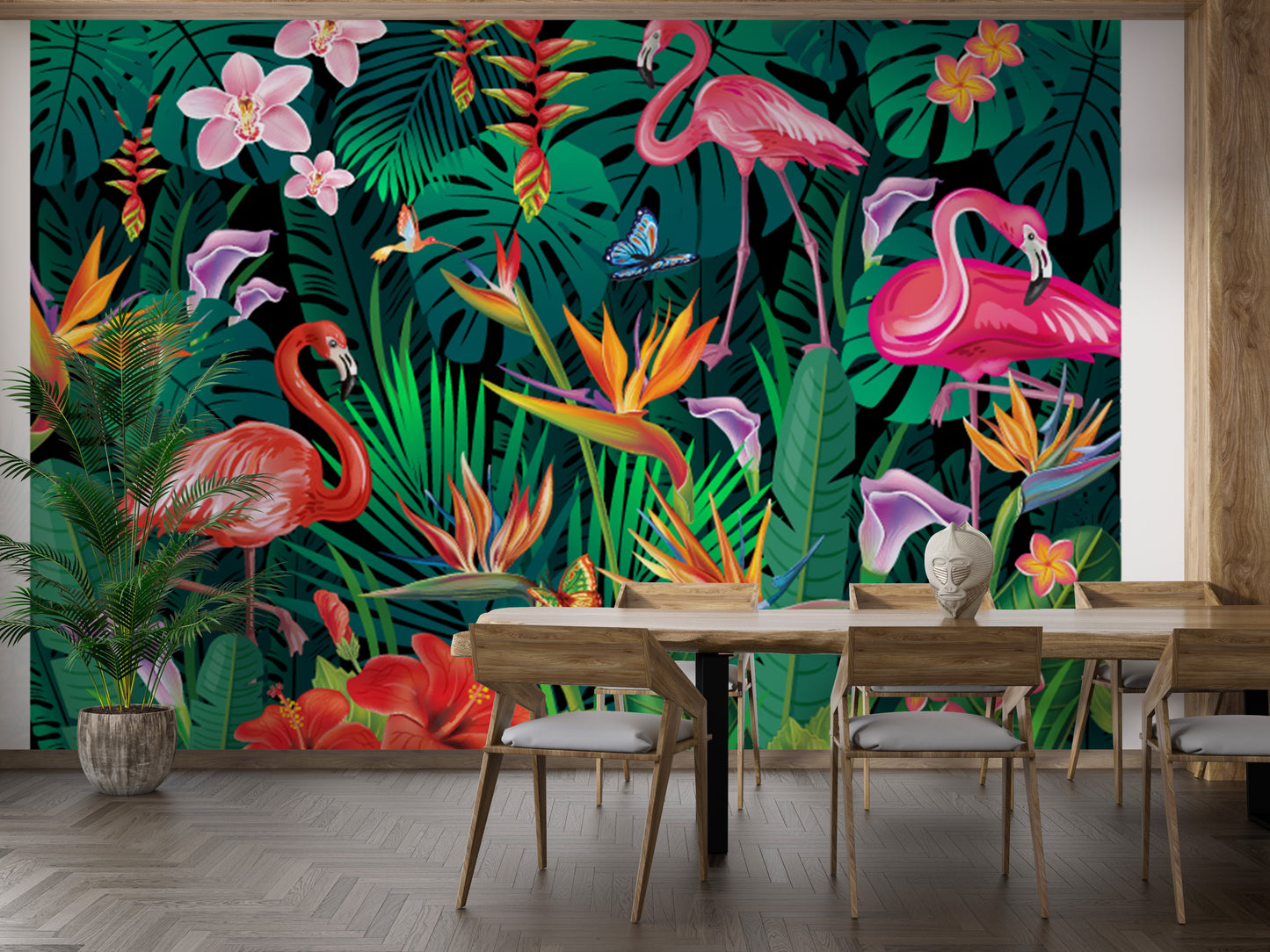 Fancy flamingos wallpaper mural with tropical design