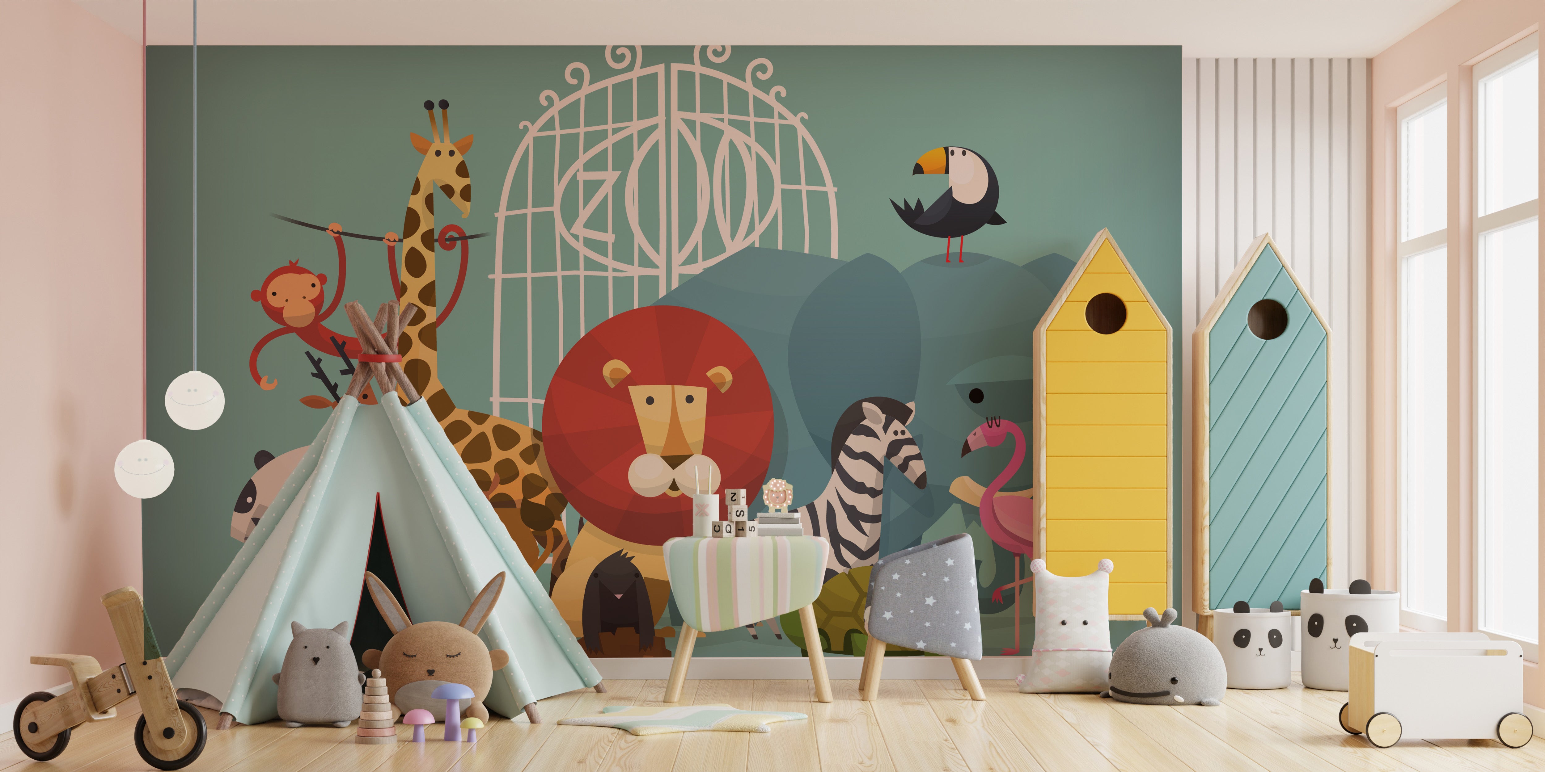 Colorful zoo animals wallpaper mural design