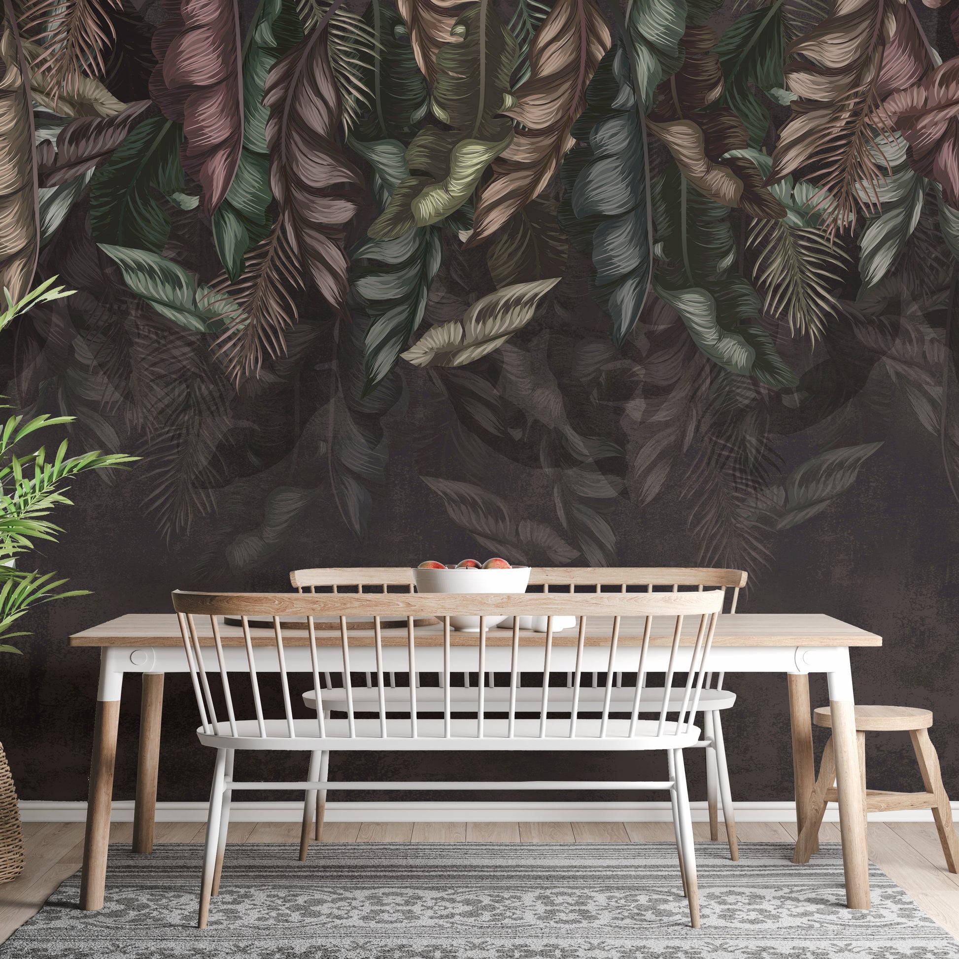 Elegant dark hanging tropical leaves wallpaper mural