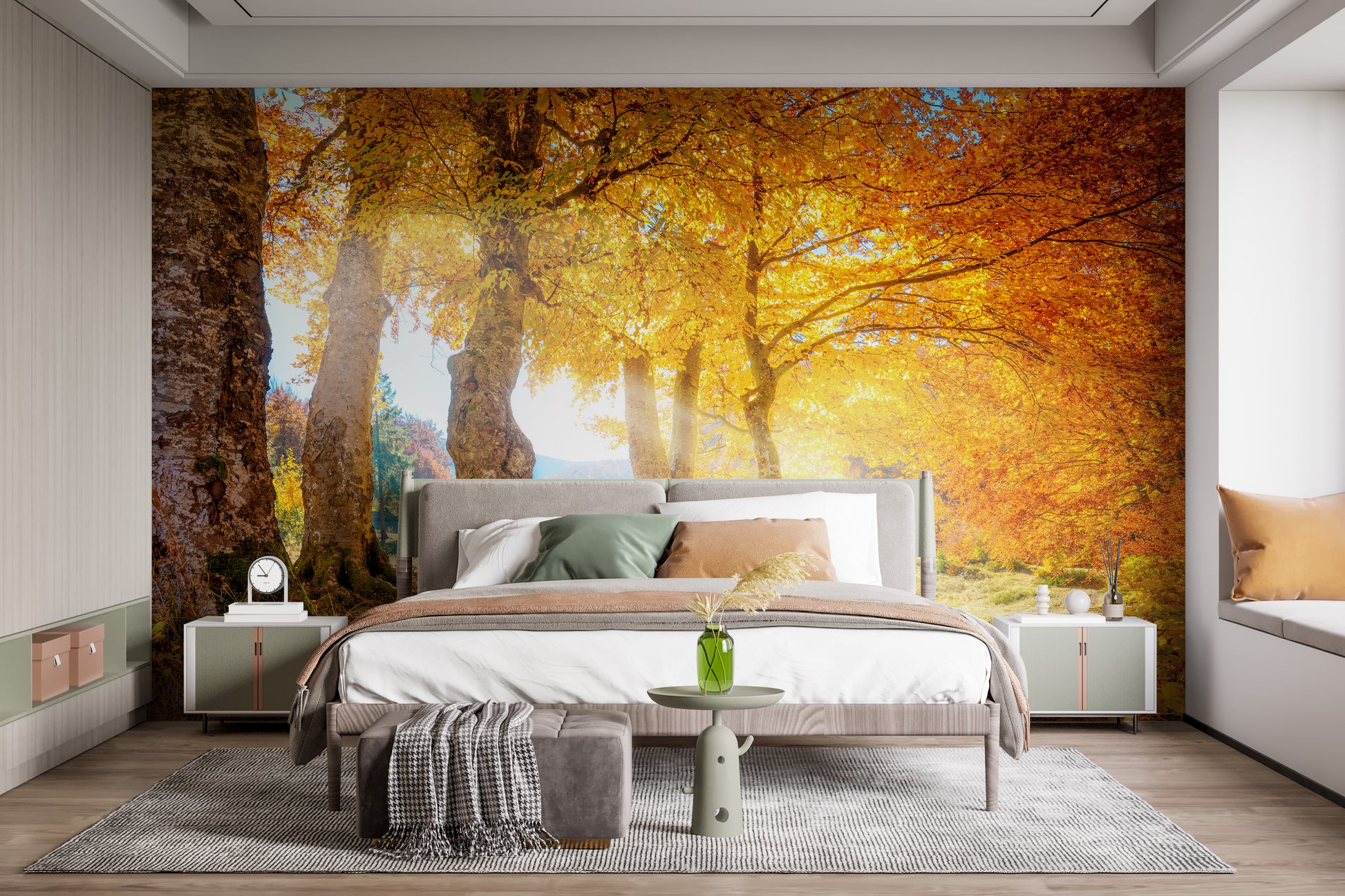 Autumn forest wallpaper mural with yellow leaves