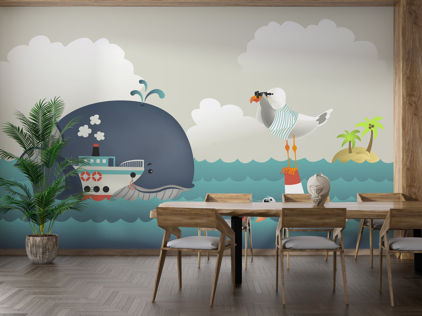 Whale and steamer kids wallpaper mural