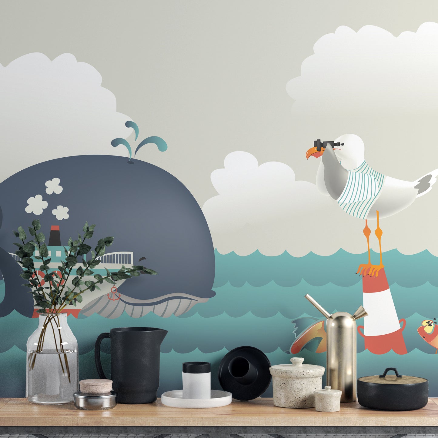 Whale & Steamer Kids Wallpaper Mural