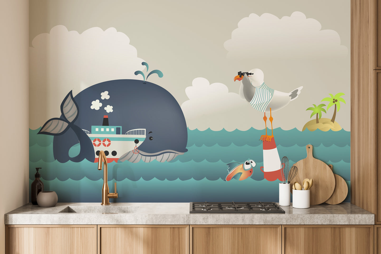 Whale & Steamer Kids Wallpaper Mural