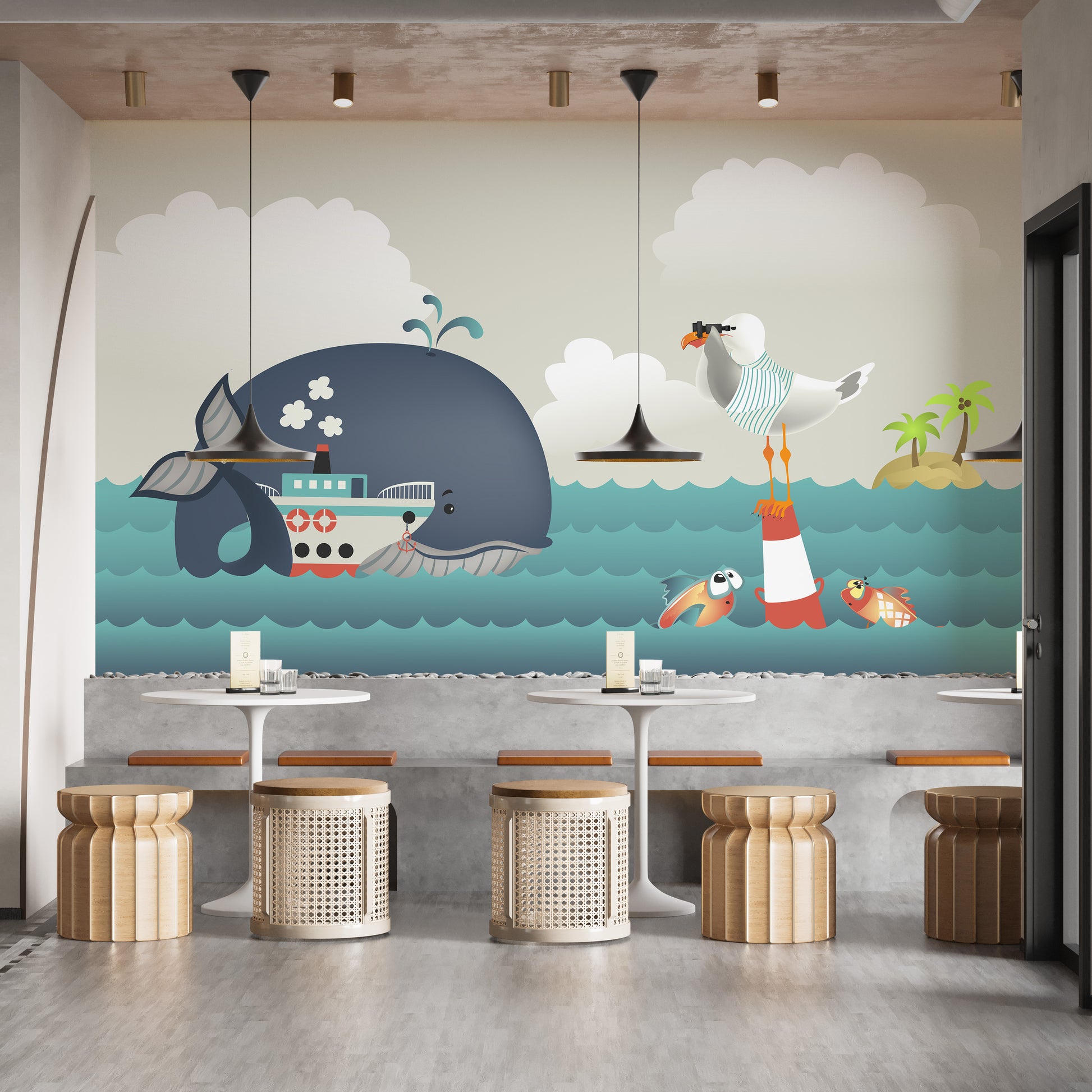 Whale and steamer wallpaper mural for playrooms