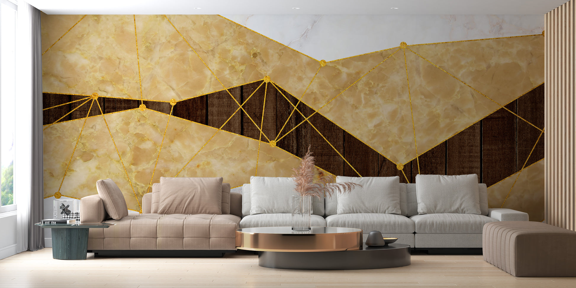 Elegant gold marble and wood mural design