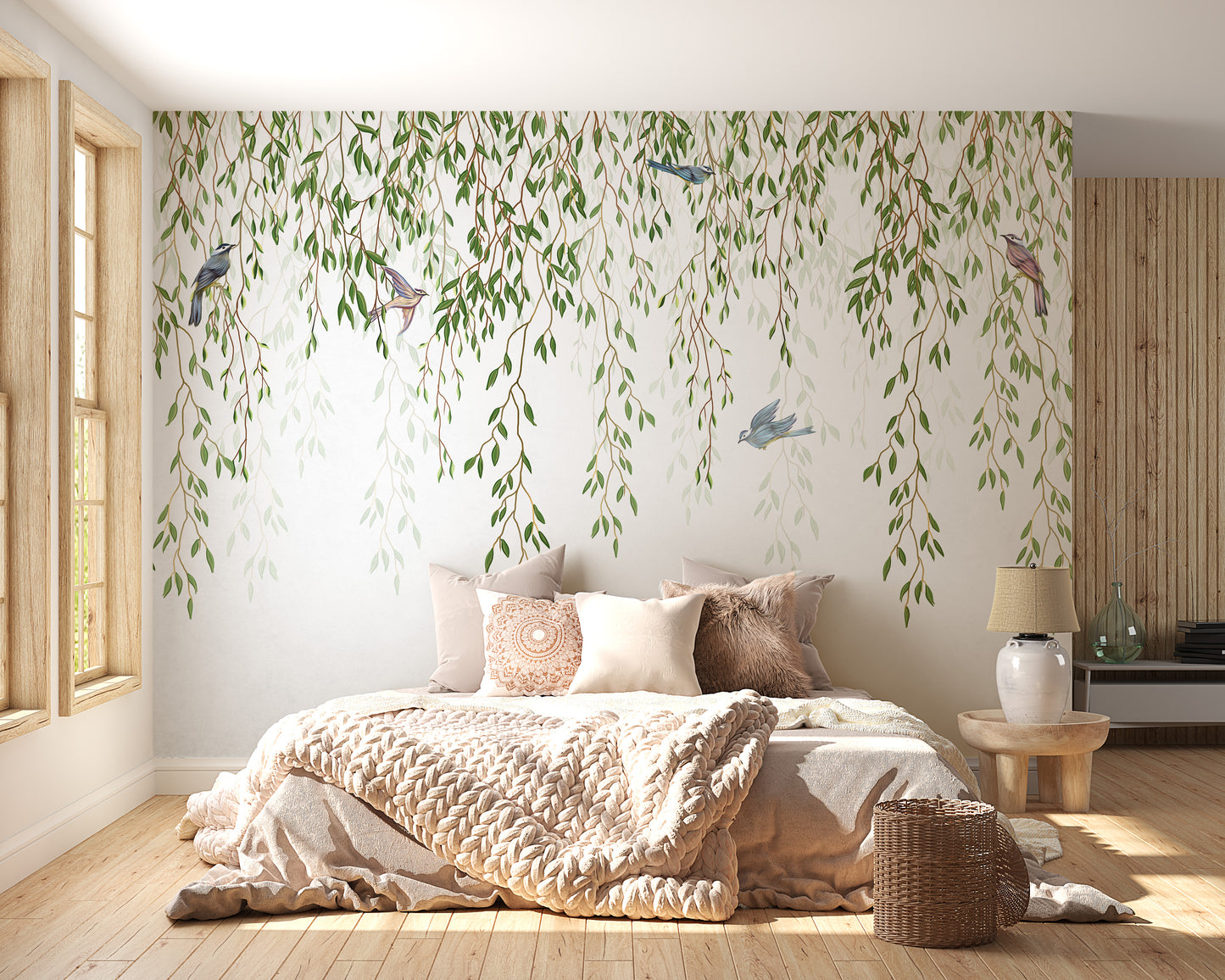 Elegant willow branches and birds wallpaper mural