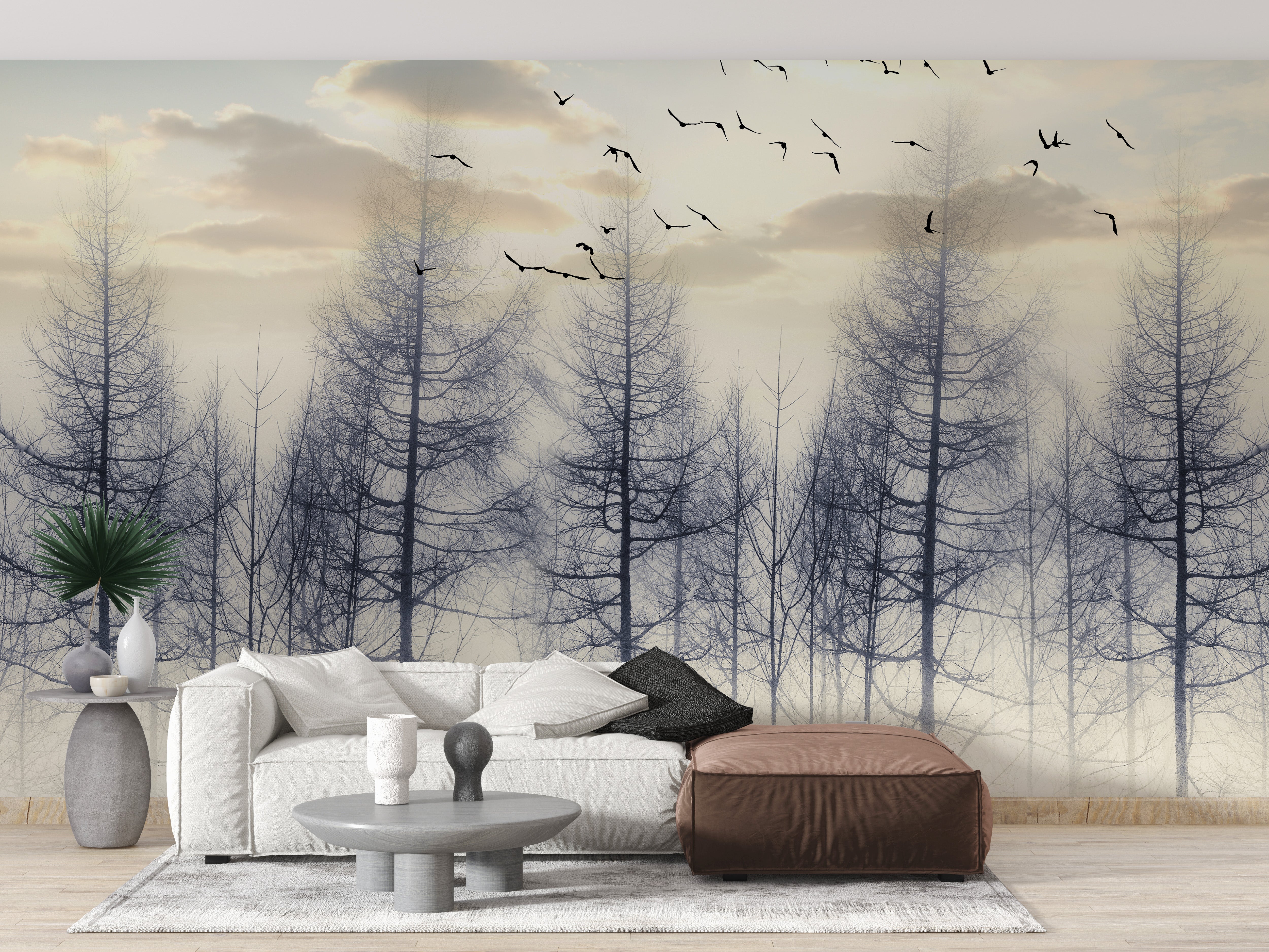 Eerie Foggy Forest Wallpaper for living rooms