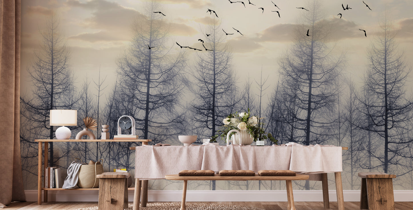 Eerie Foggy Forest Wallpaper in dining decor