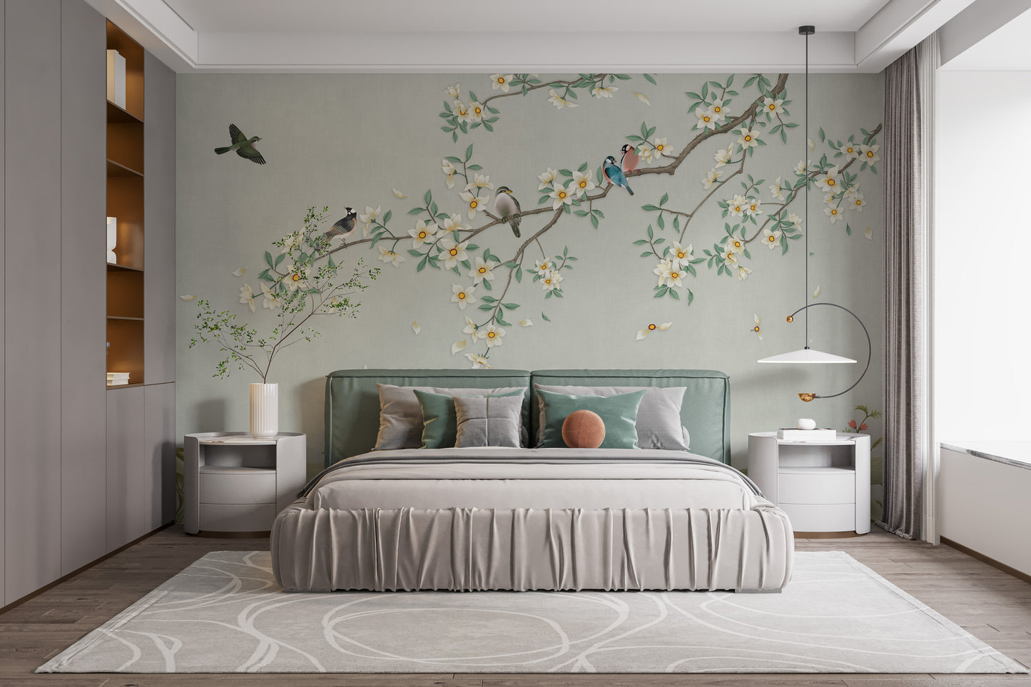 Birds on Branch Green Color Wallpaper Mural