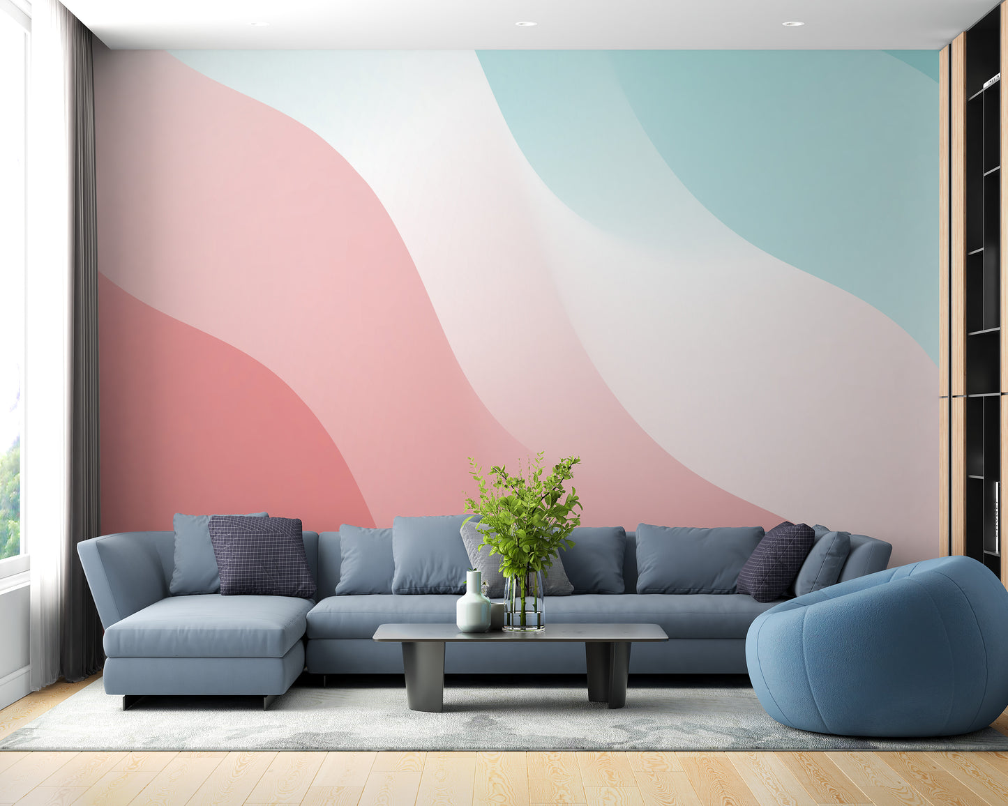 Pink & Blue Wavy Shades Wallpaper for living rooms