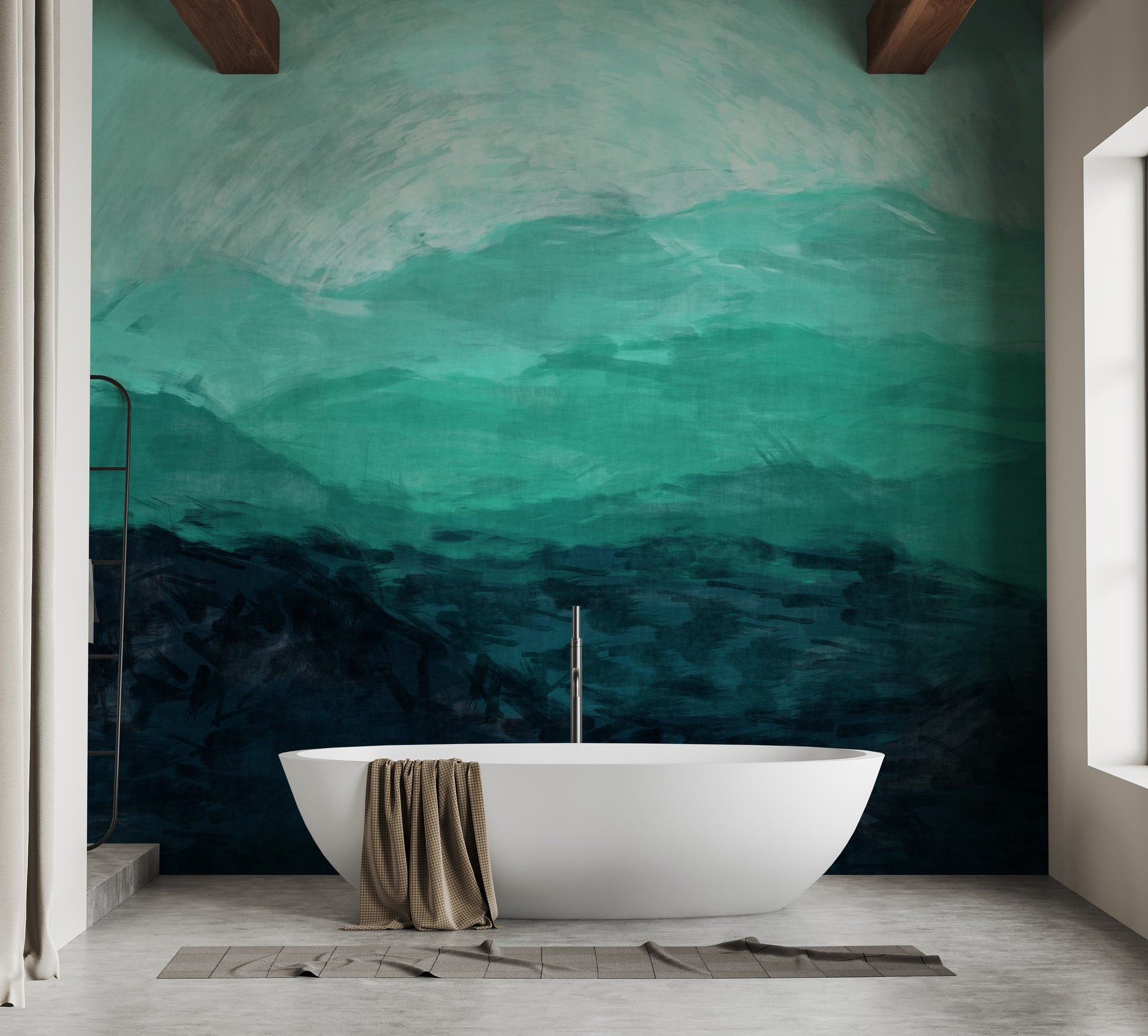 Watercolor Mountain Wallpaper for Spa-like Bathroom