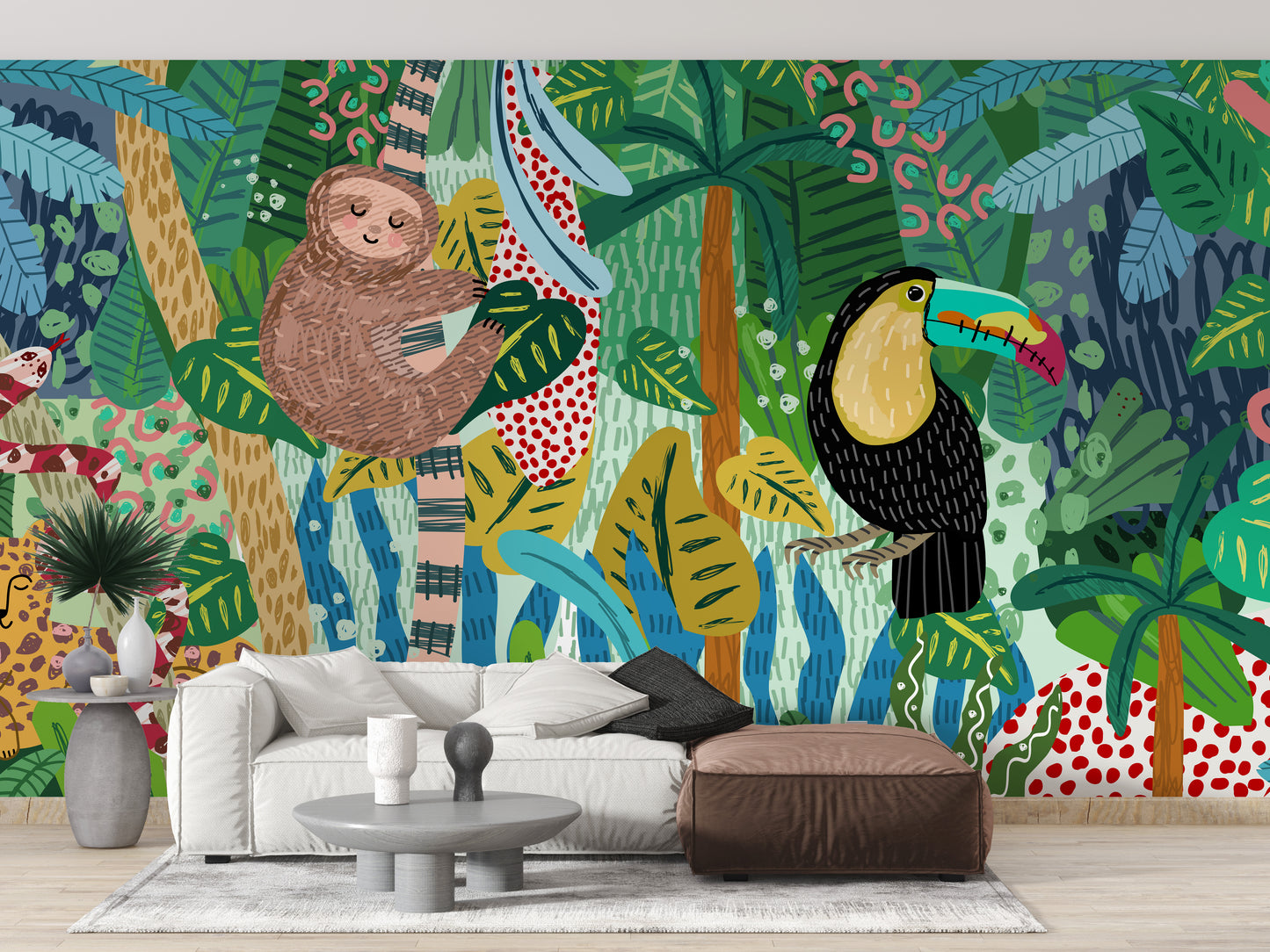 Monkey & Toucan with Leopard Abstract design Wallpaper Murals