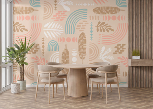 Dining Room Charm with Abstract Leaf Wallpaper