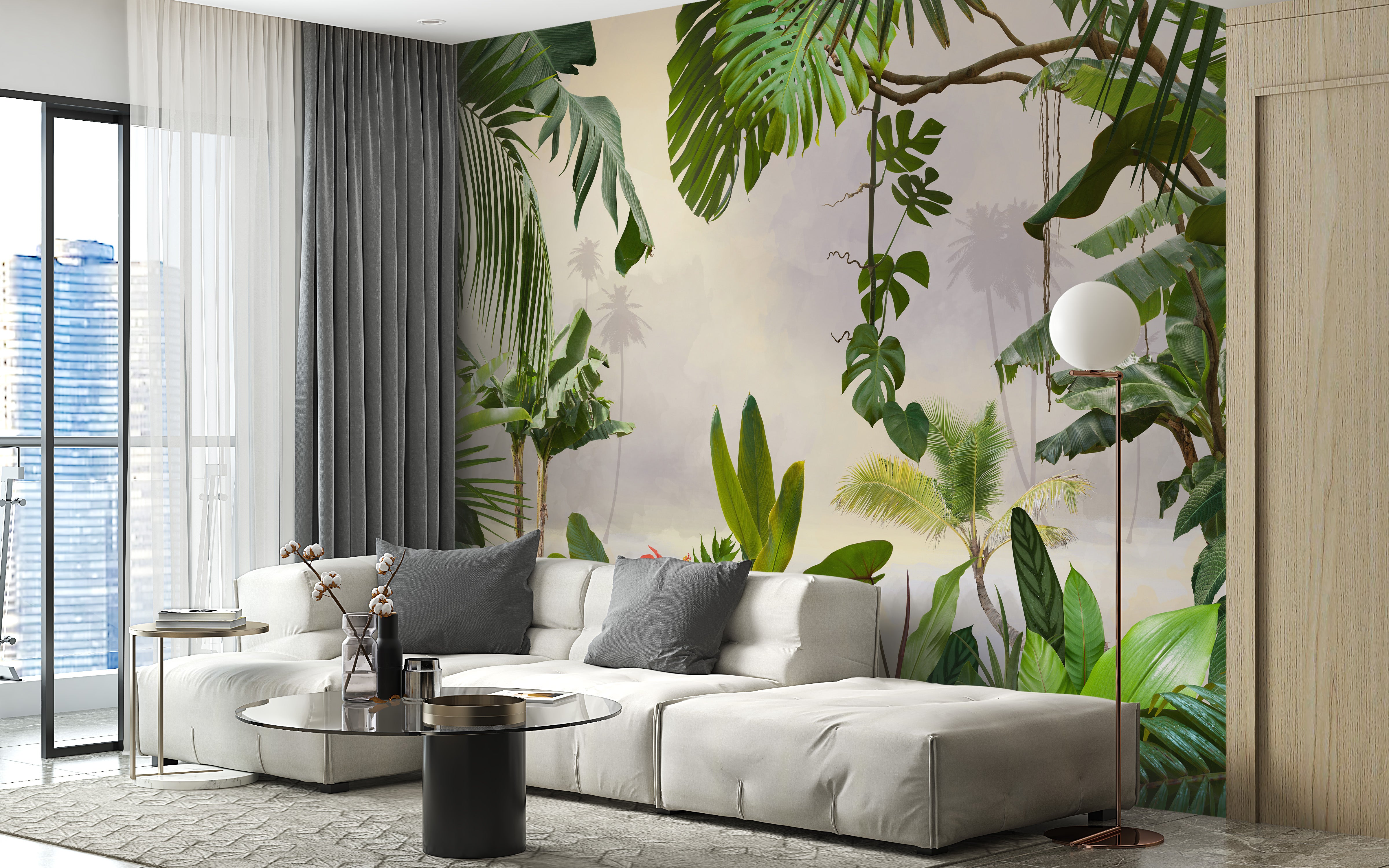 Elegant watercolor tropical wallpaper mural for living