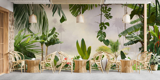 Lush green tropical forest wallpaper design