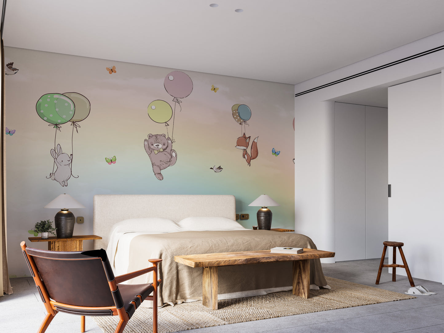 Flying Animals With Balloons Kids Room Wallpaper Mural