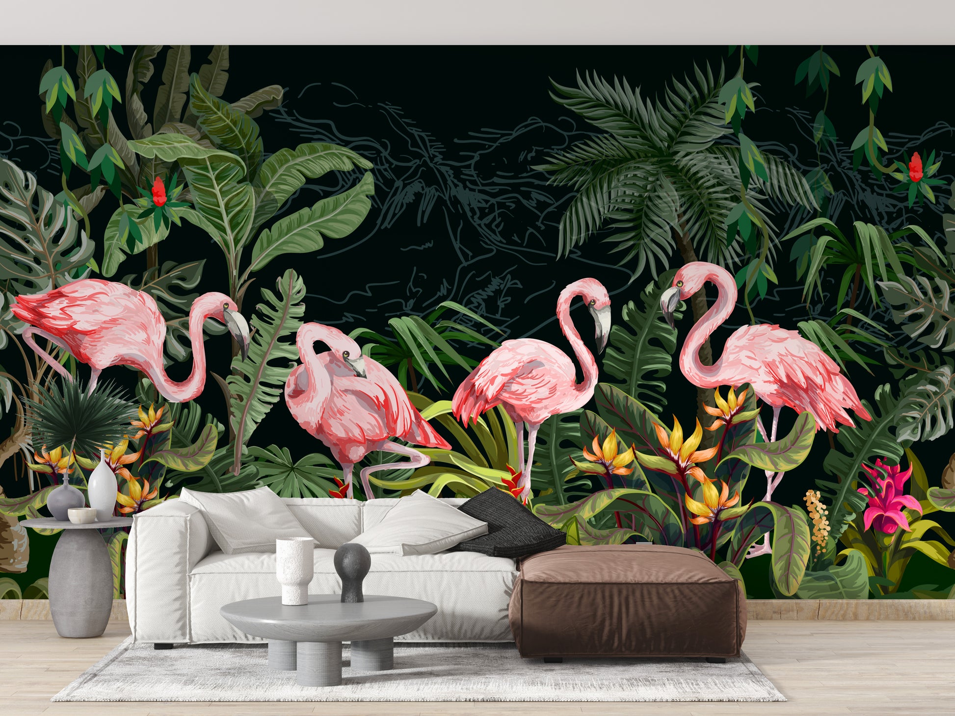 Elegant Dark Forest Flamingo Wall Mural for Living Room