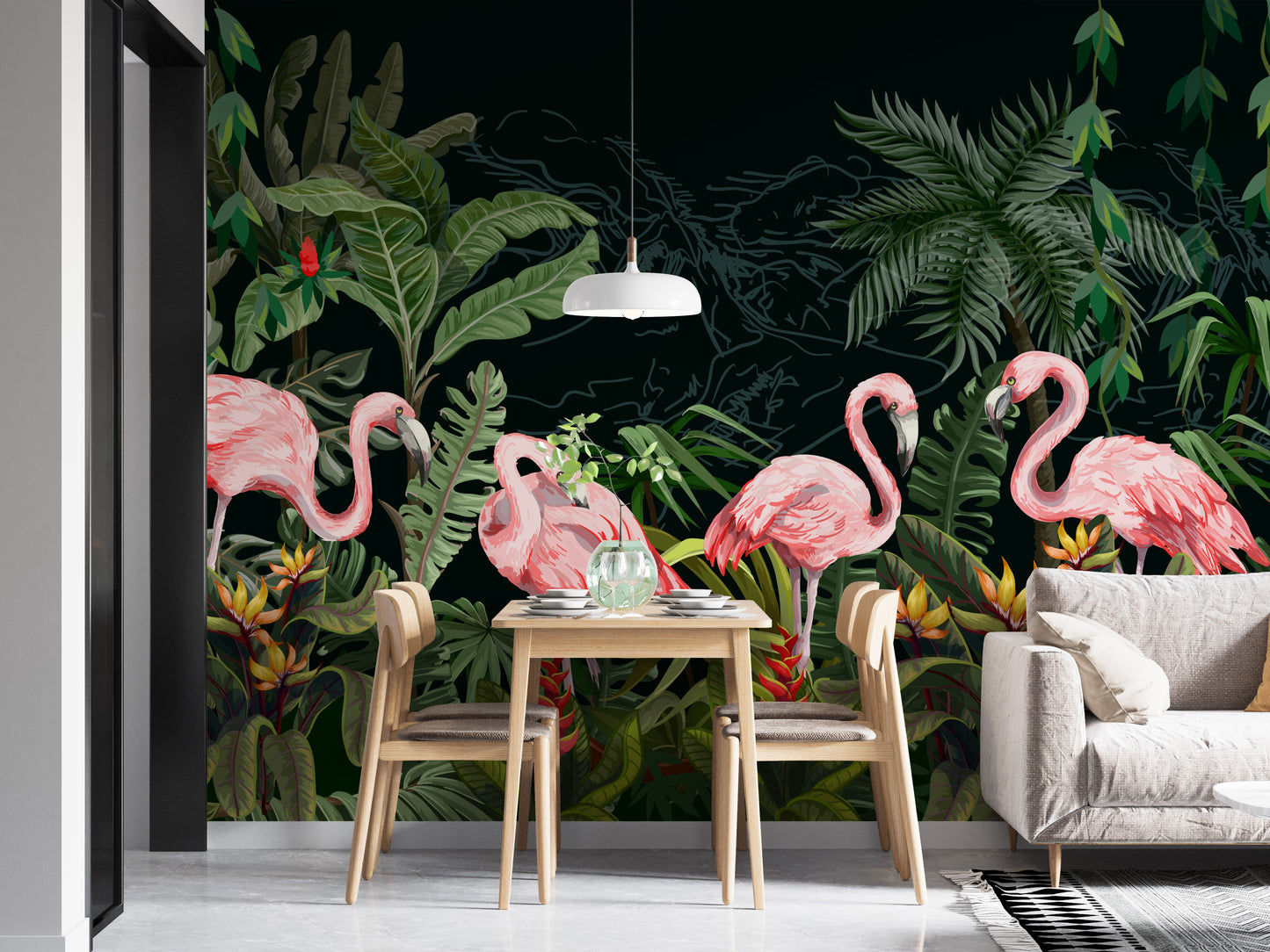 Flamingos in Dark forest wallpaper mural