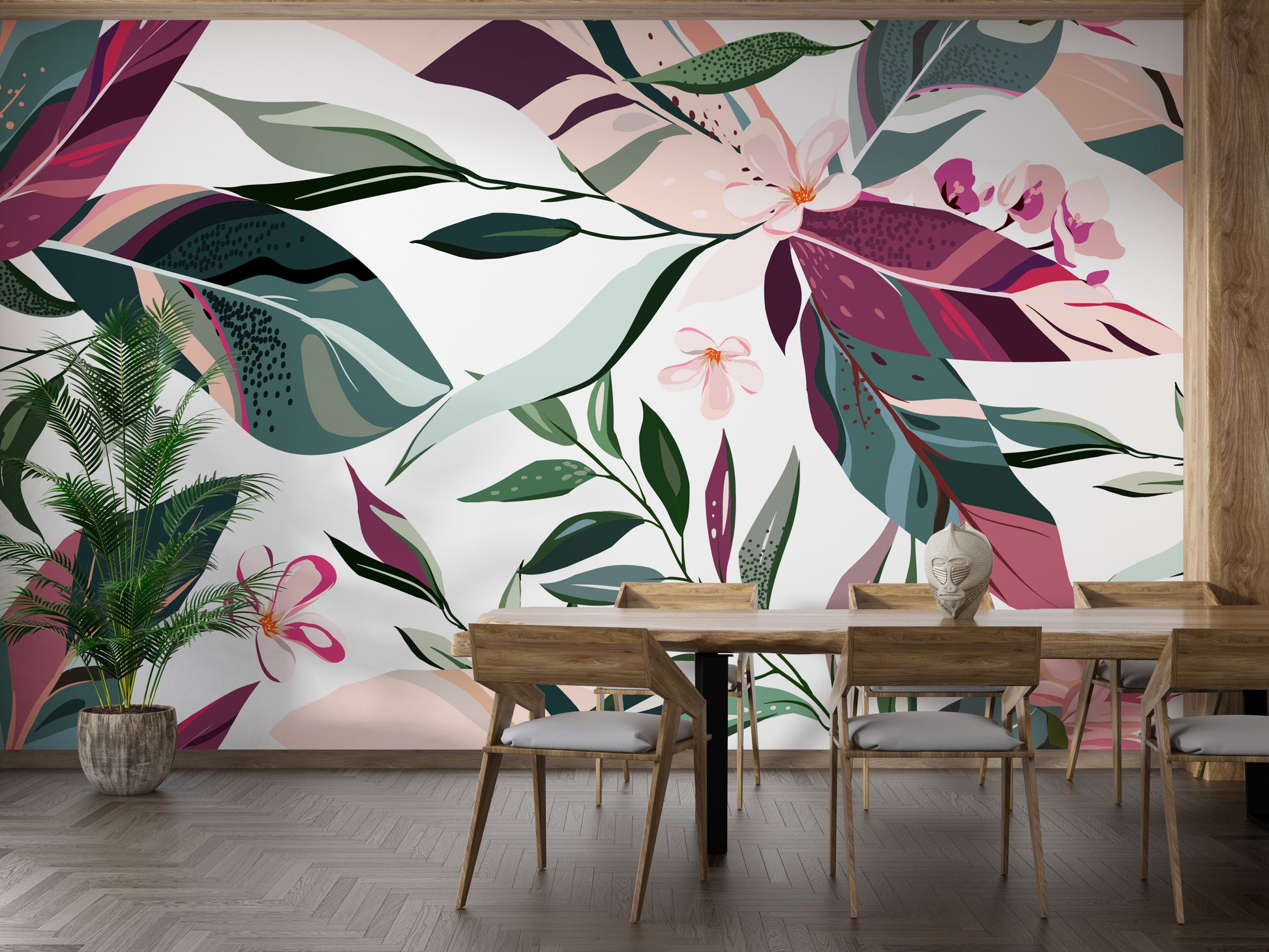 Elegant Tropical Leaflets Botanical Wallpaper for Dining