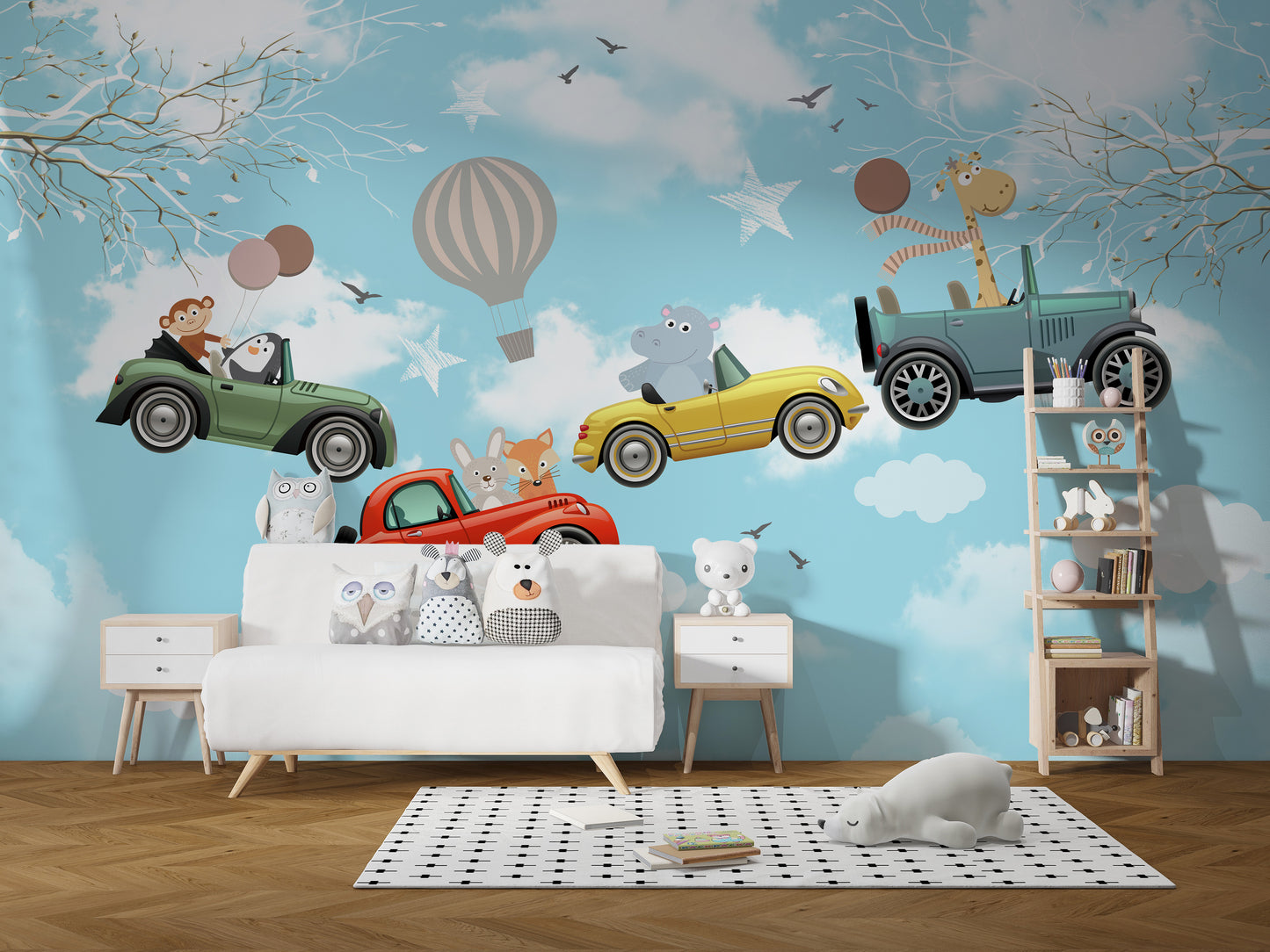 Kids' Cartoon Animals in Clouds Wallpaper